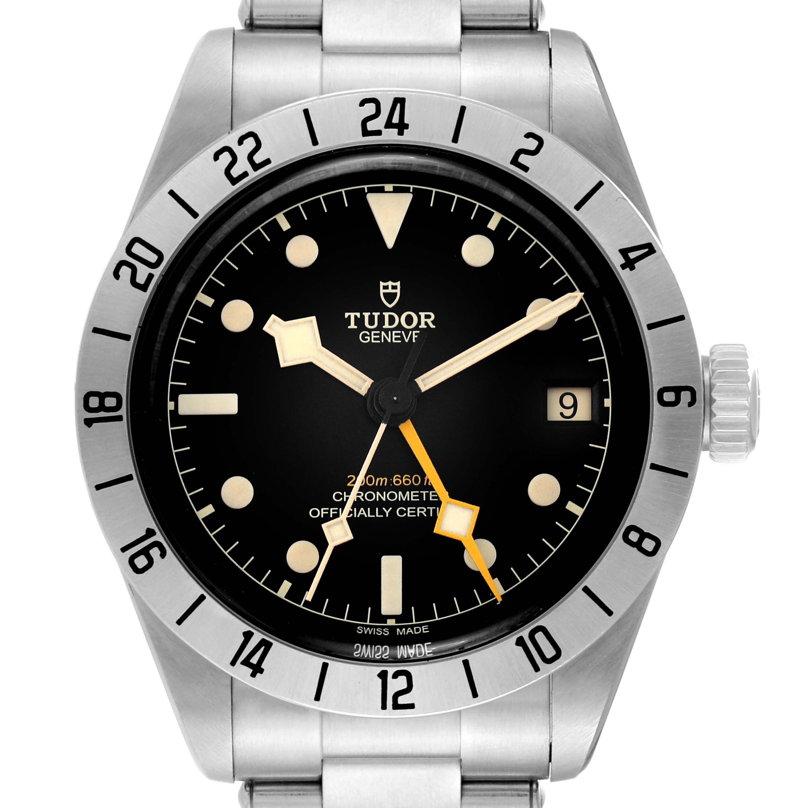 This image shows the front face and part of the bracelet of the Tudor Heritage Black Bay M79470 Men's Stainless Steel Black Dial M79470 Men's Stainless Steel Black Dial model watch.