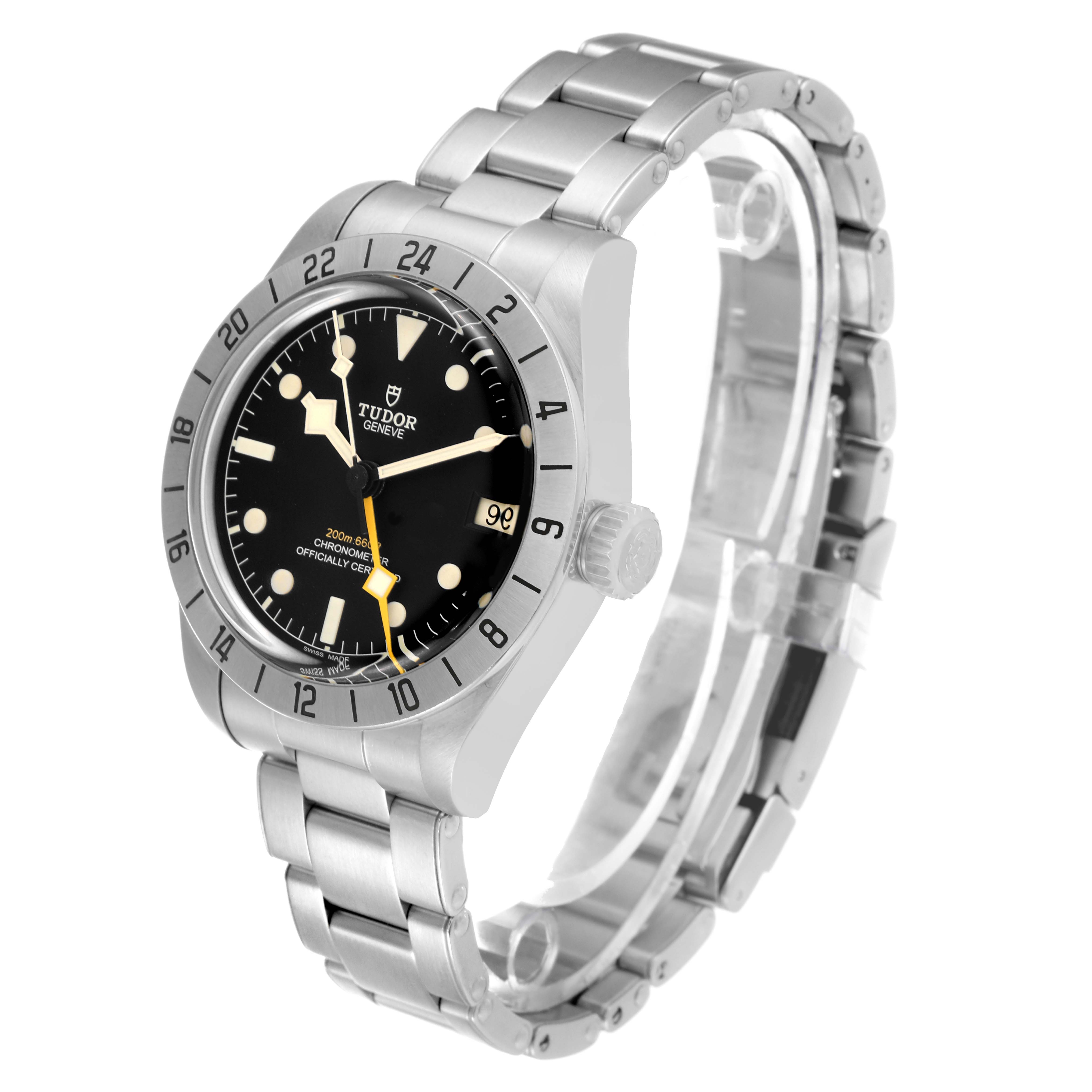 This image shows a Tudor Heritage Black Bay M79470 Men's Stainless Steel Black Dial M79470 Men's Stainless Steel Black Dial watch at an angled side view, highlighting its metal bracelet, crown, and black dial.