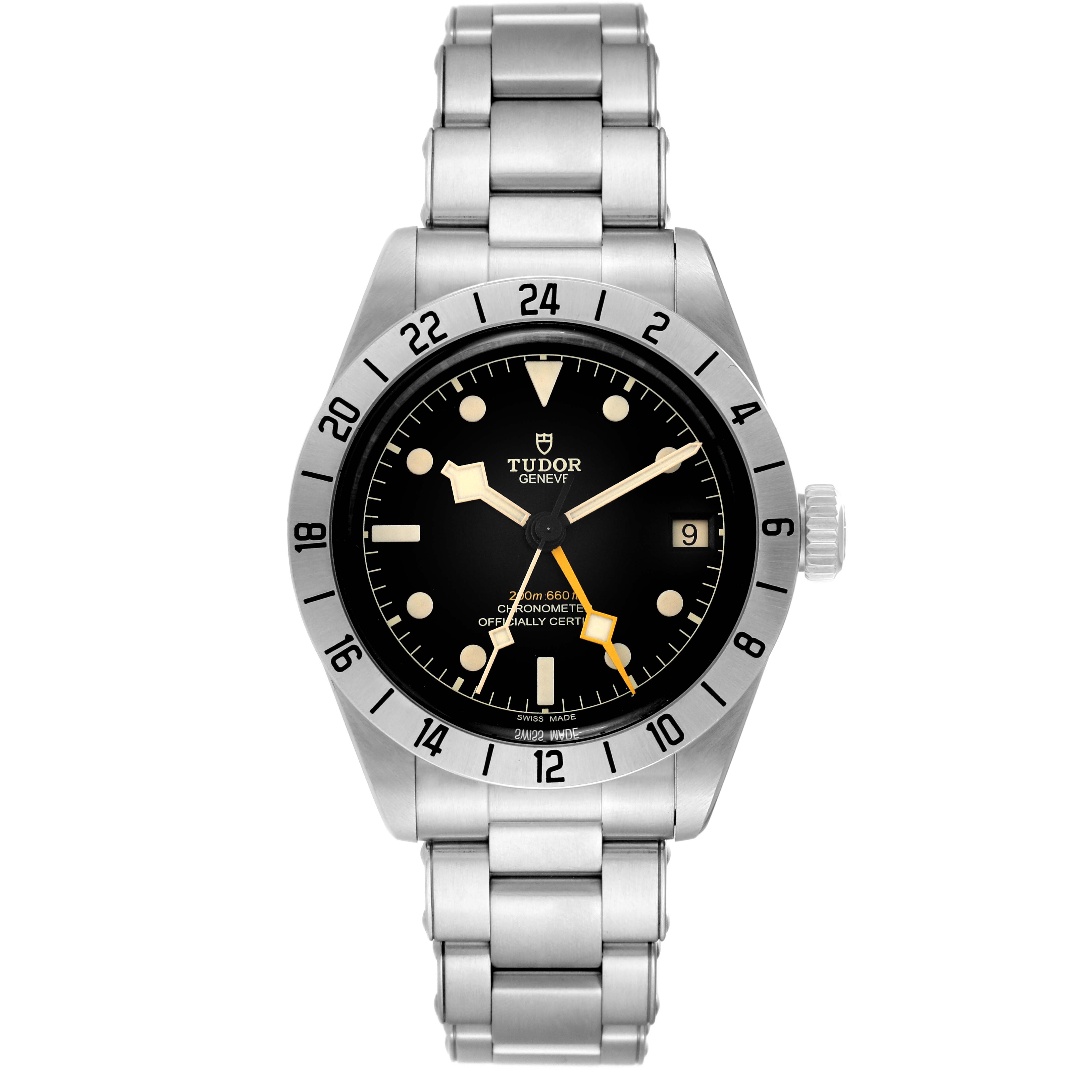The image shows a Heritage Black Bay model by Tudor, featuring a front view including the dial, bezel, bracelet, and crown.