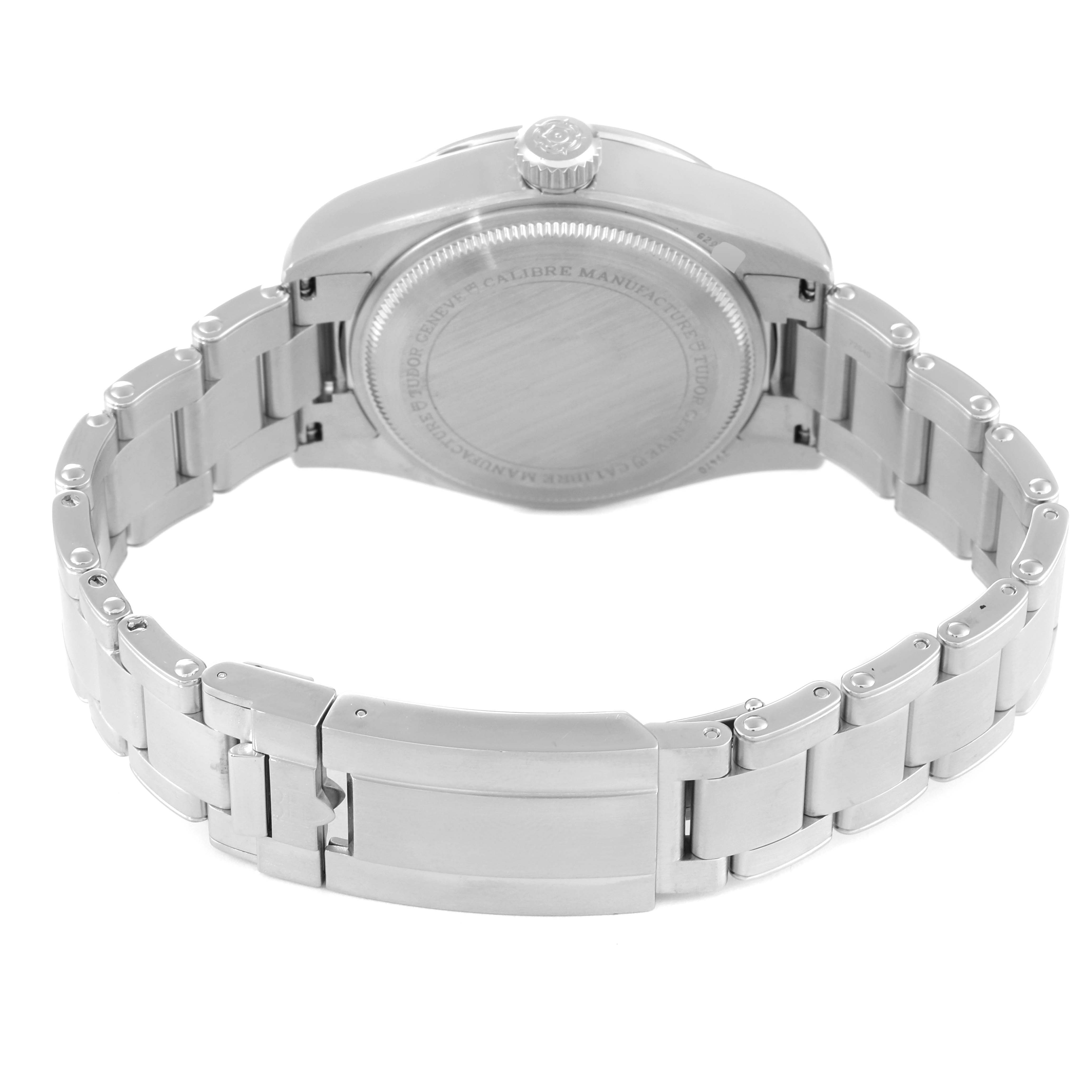 The image shows the backside and bracelet of the Tudor Heritage Black Bay M79470 Men's Stainless Steel Black Dial M79470 Men's Stainless Steel Black Dial watch, featuring the case back and clasp.