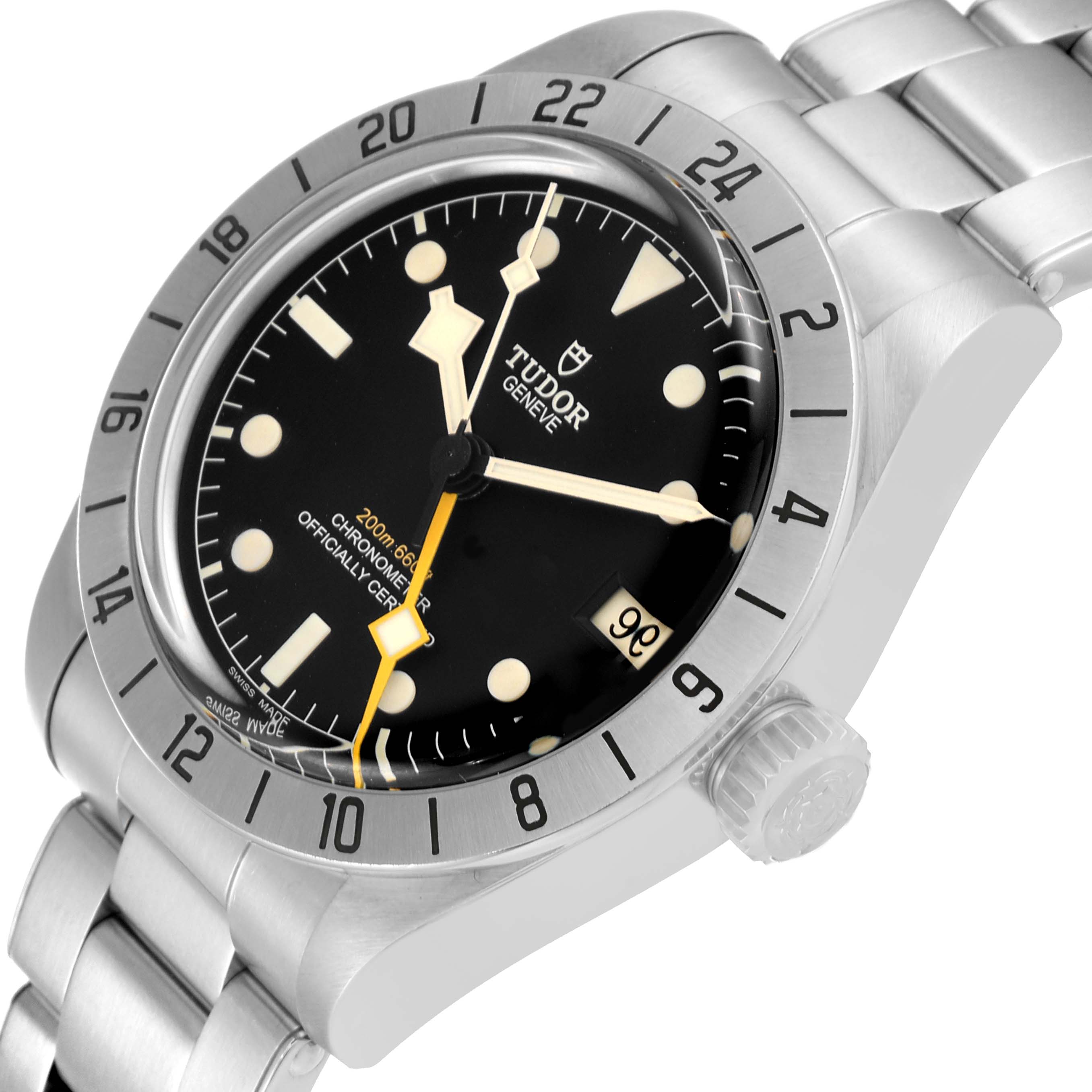 The image shows a side angle of the Tudor Heritage Black Bay M79470 Men's Stainless Steel Black Dial M79470 Men's Stainless Steel Black Dial watch, highlighting the dial, bezel, crown, and part of the bracelet.