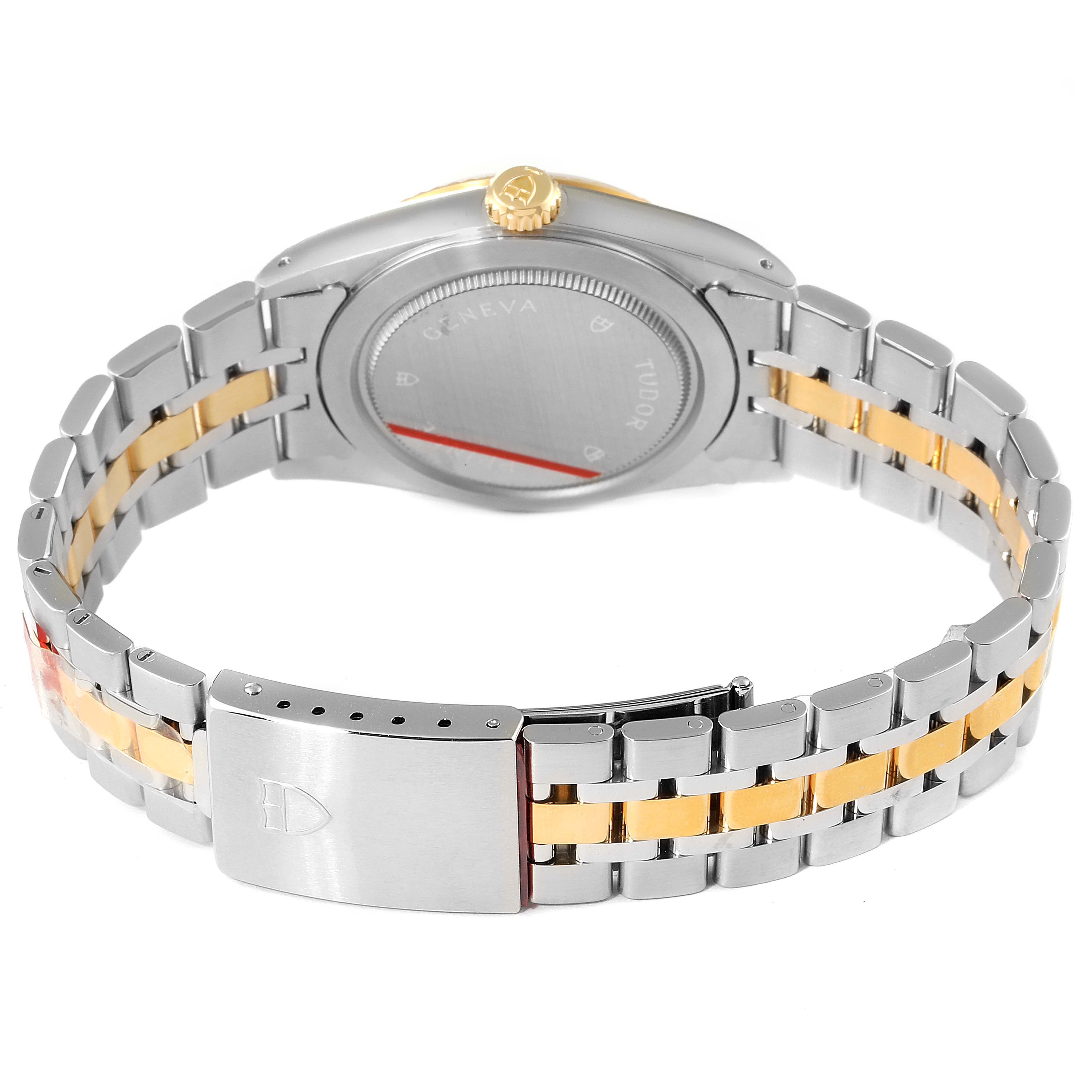 This image shows the back view of a Tudor Prince 76213 Men's Steel and Gold (two tone) Champagne Dial 76213 Men's Steel and Gold (two tone) Champagne Dial model watch, highlighting the clasp and bracelet with gold accent.