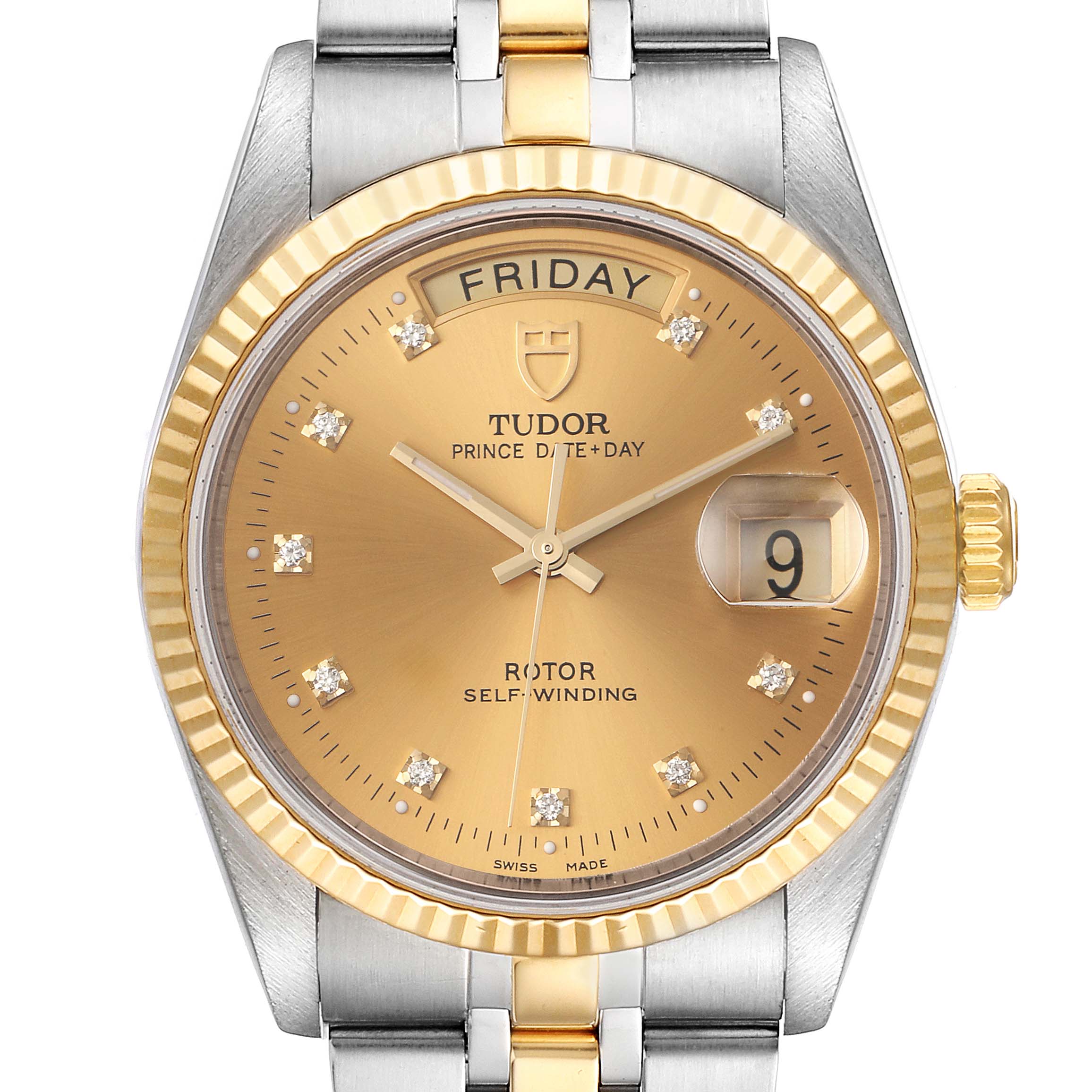 The image shows a front view of the Tudor Prince 76213 Men's Steel and Gold (two tone) Champagne Dial 76213 Men's Steel and Gold (two tone) Champagne Dial model watch, highlighting its dial, bracelet, day, and date indicators.