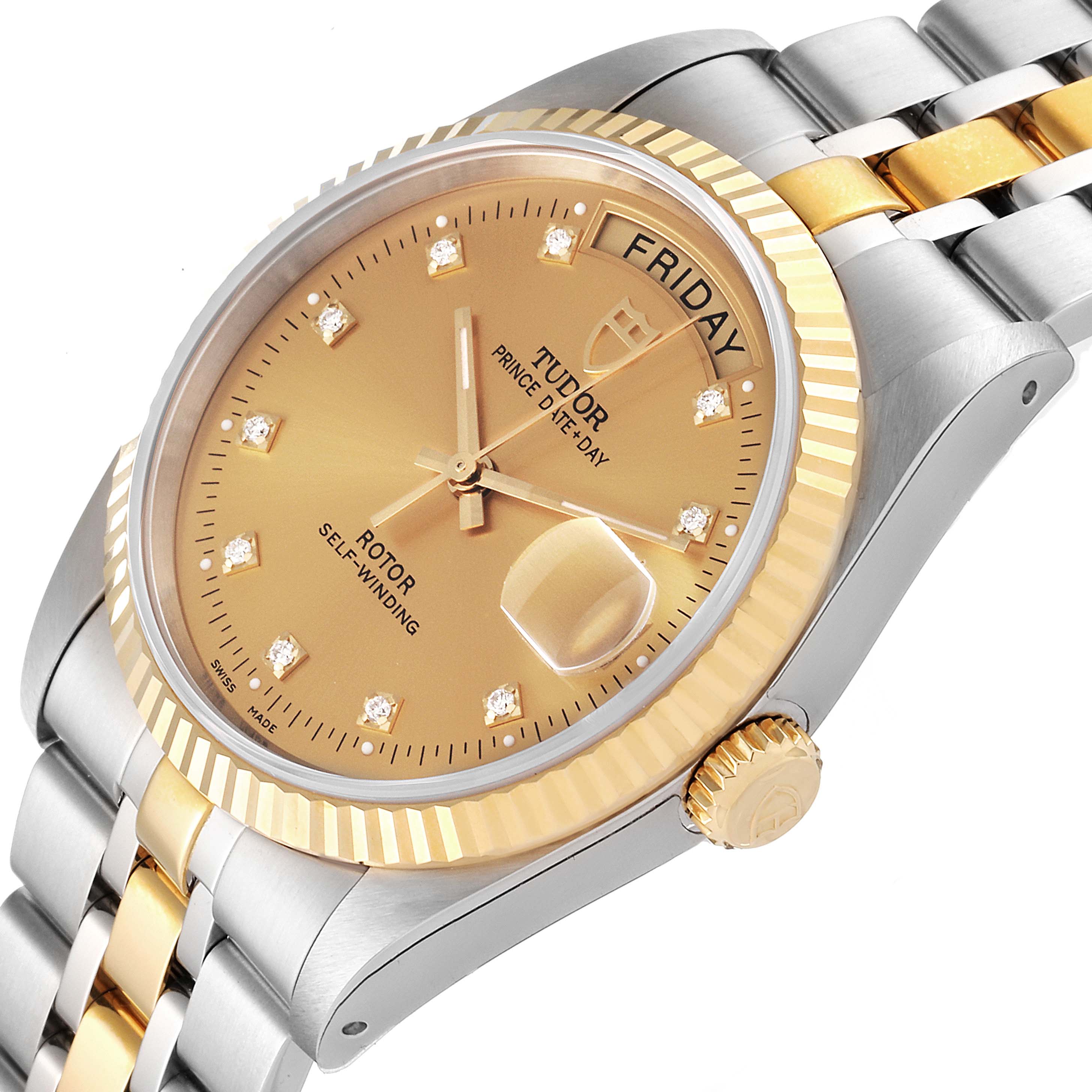 The Tudor Prince 76213 Men's Steel and Gold (two tone) Champagne Dial 76213 Men's Steel and Gold (two tone) Champagne Dial watch is shown at an angled close-up, highlighting its dial, bezel, crown, and part of the bracelet.