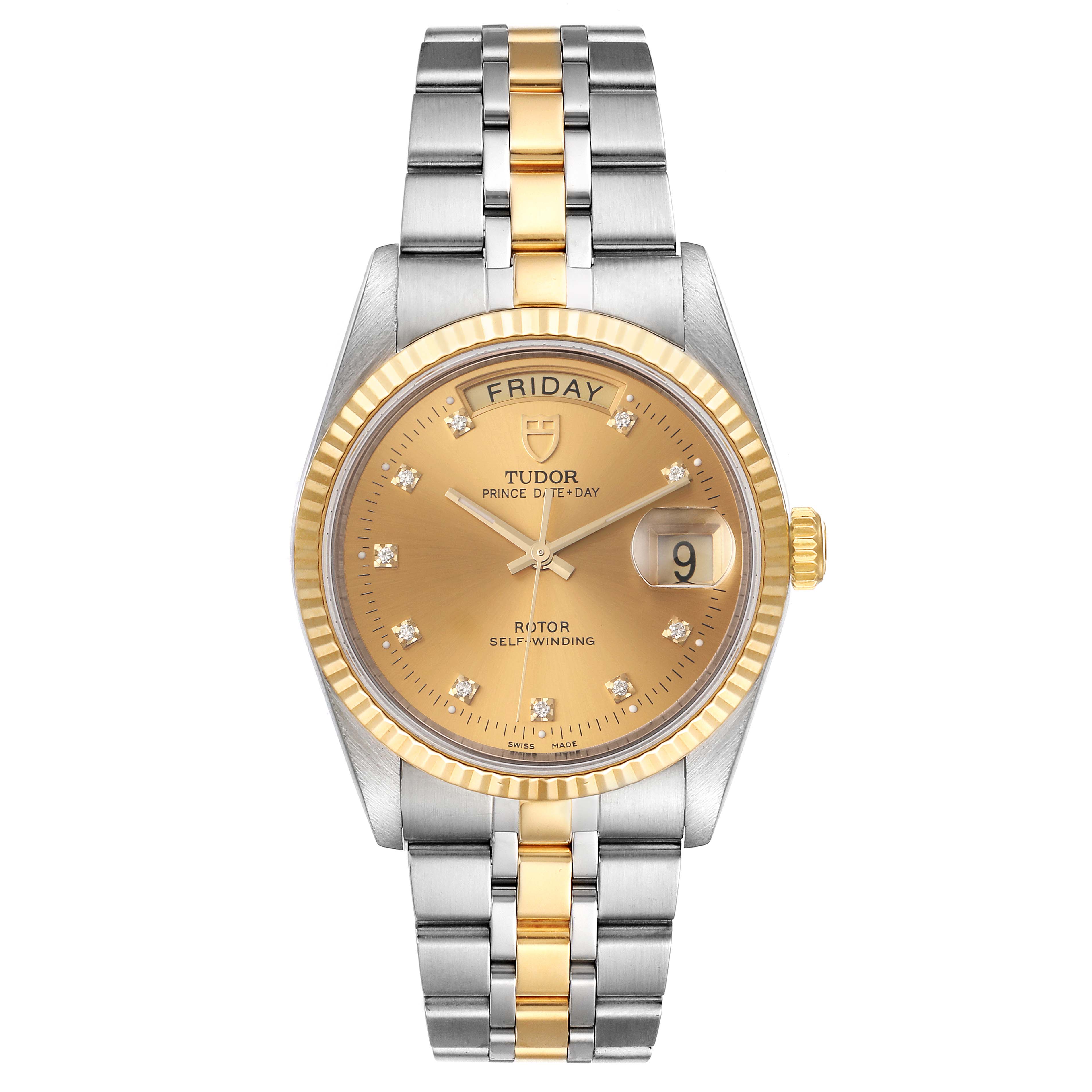 The image displays a front view of a Tudor Prince 76213 Men's Steel and Gold (two tone) Champagne Dial 76213 Men's Steel and Gold (two tone) Champagne Dial watch, showing its gold dial, two-tone bracelet, day and date indicators.