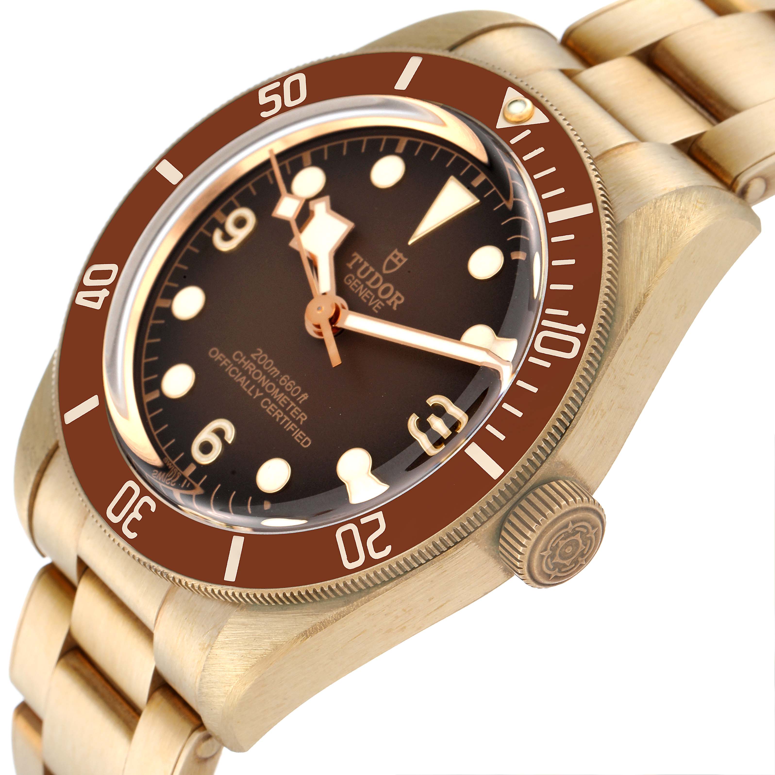 The Tudor Heritage Black Bay 79012 Men's Bronze Brown Dial 79012 Men's Bronze Brown Dial watch is shown at an oblique angle, highlighting the dial, bezel, crown, and bracelet.