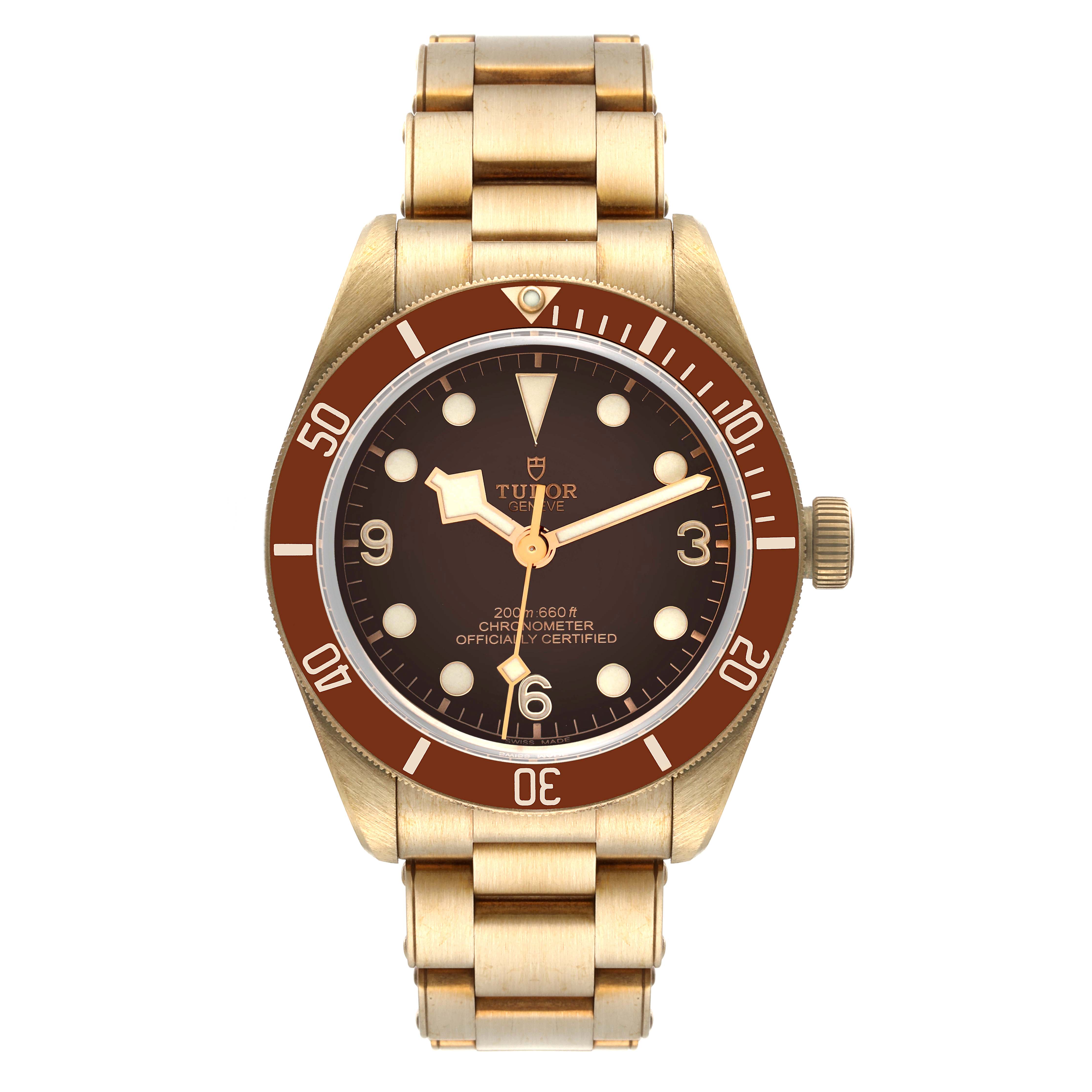 This image shows a front view of the Tudor Heritage Black Bay 79012 Men's Bronze Brown Dial 79012 Men's Bronze Brown Dial watch, displaying its bezel, dial, hands, and bracelet.
