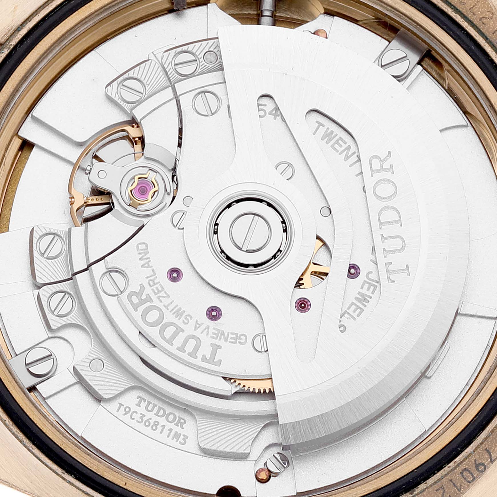 This image shows a close-up of the movement mechanism inside a Tudor Heritage Black Bay 79012 Men's Bronze Brown Dial 79012 Men's Bronze Brown Dial watch.