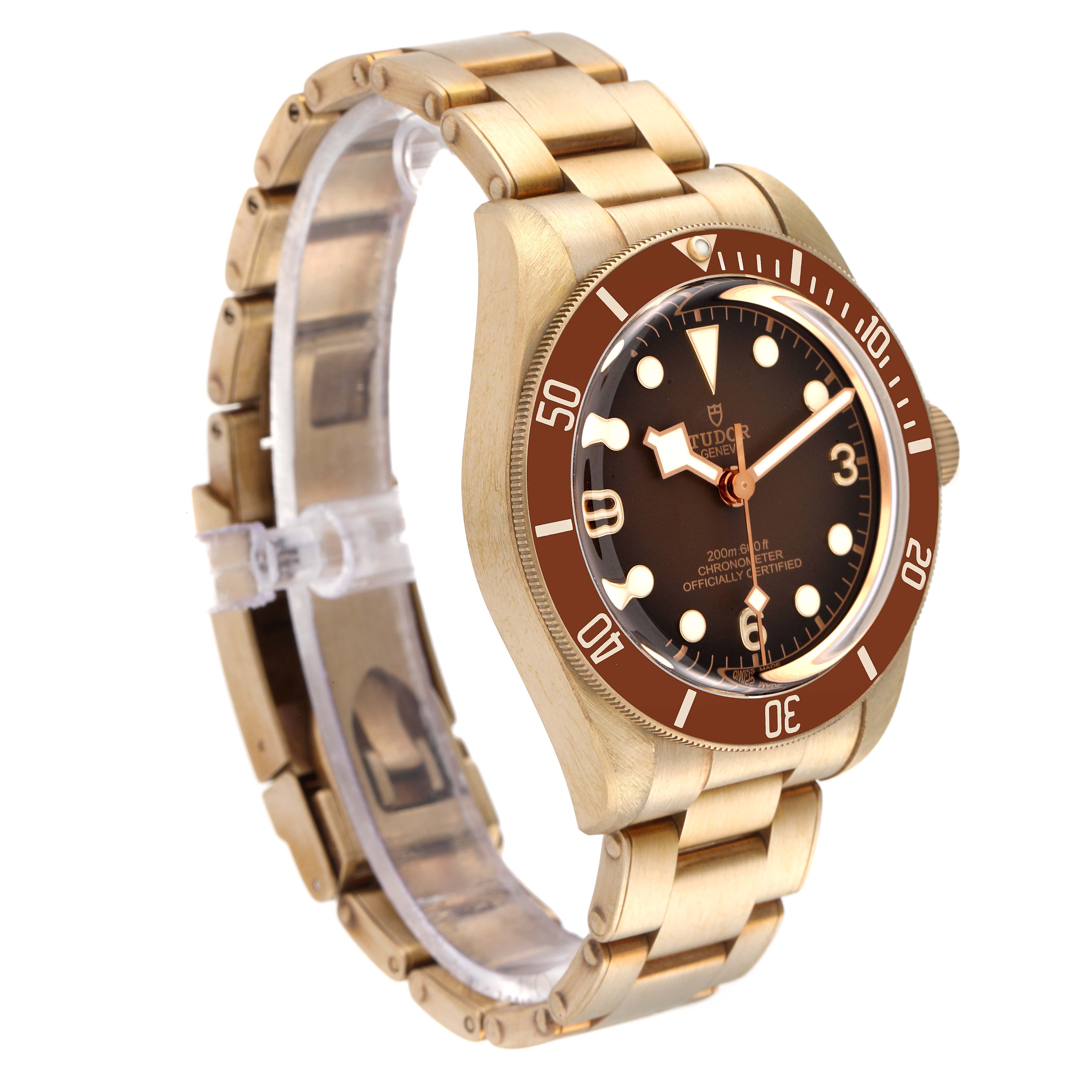 This Tudor Heritage Black Bay 79012 Men's Bronze Brown Dial 79012 Men's Bronze Brown Dial watch is shown at an angle emphasizing the face, bezel, and part of the bracelet.