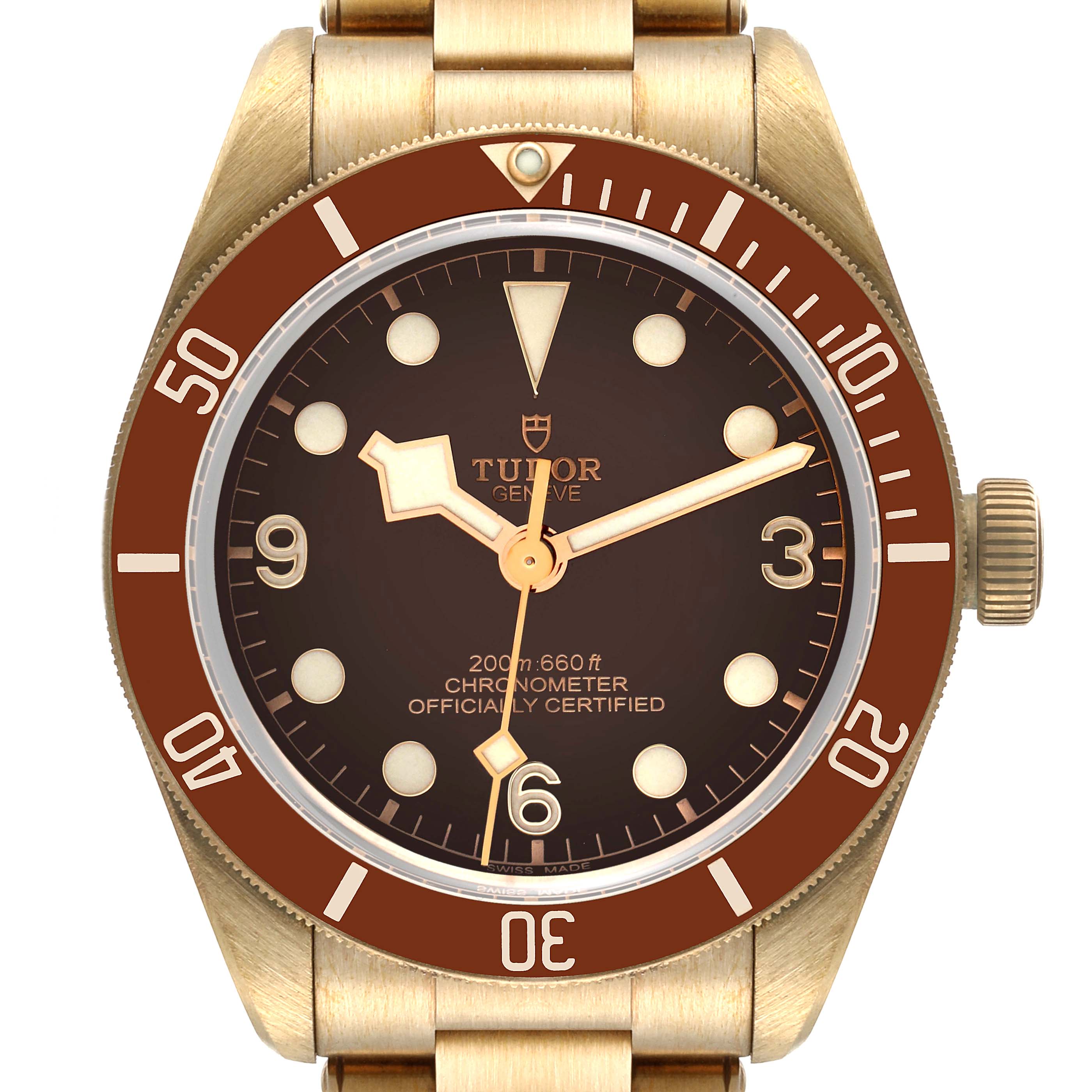 This image shows a front view of a Tudor Heritage Black Bay 79012 Men's Bronze Brown Dial 79012 Men's Bronze Brown Dial watch, highlighting the dial, bezel, and crown.