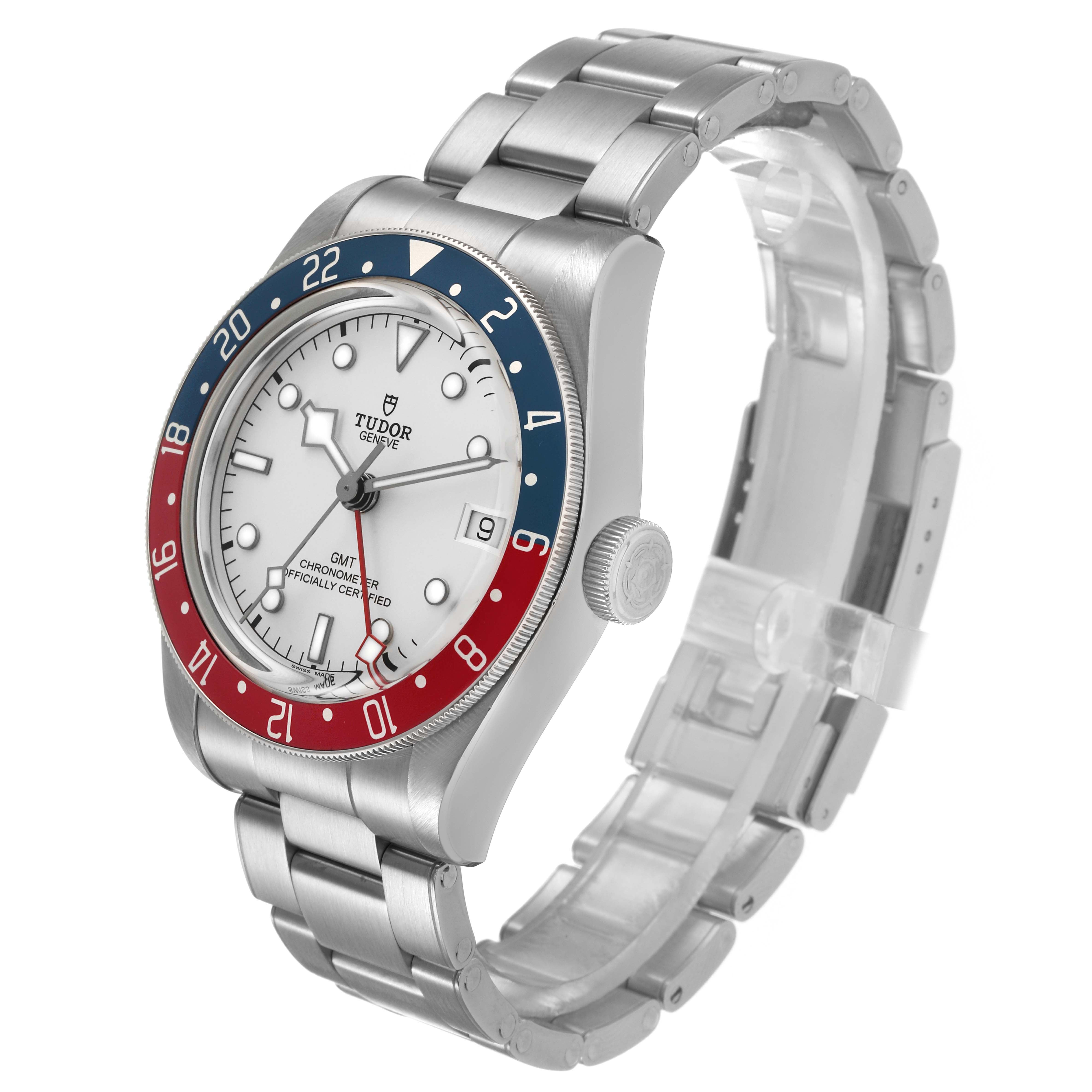 The Tudor Heritage Black Bay 79830RB Men's Stainless Steel Silver Dial watch is shown at a three-quarter angle, highlighting its bezel, dial, bracelet, and crown.