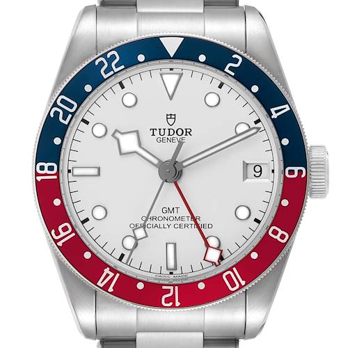 The Tudor Heritage Black Bay 79830RB Mens Stainless Steel Silver Dial watch is shown from a front angle, highlighting its bezel, dial, and bracelet.