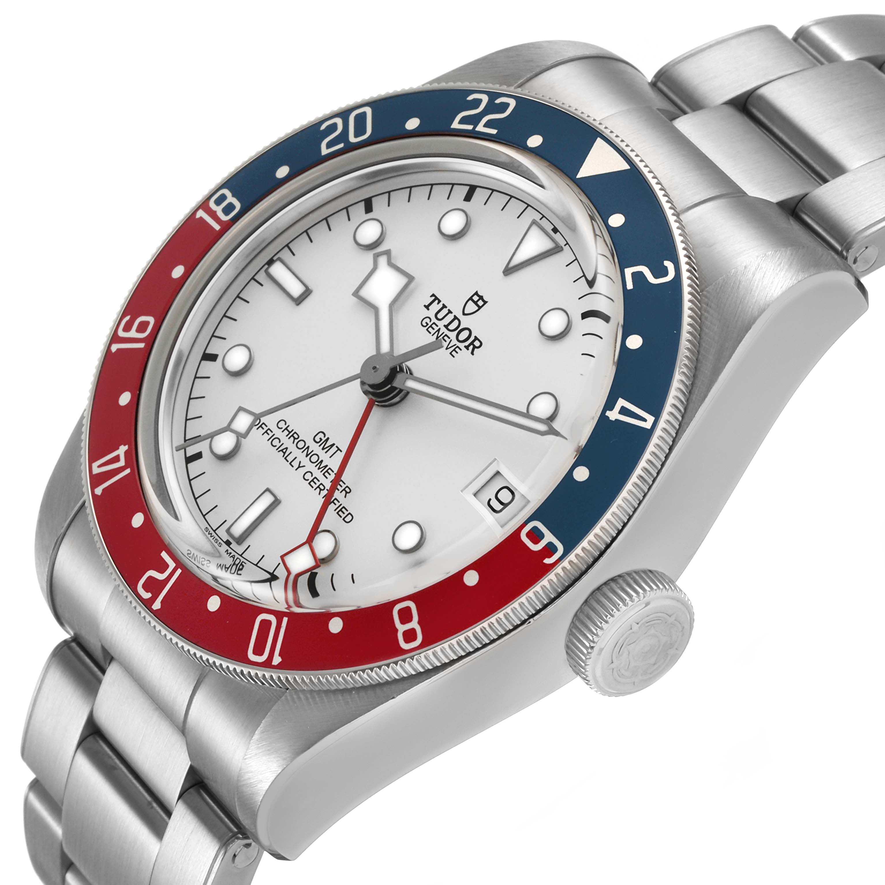 The Tudor Heritage Black Bay 79830RB Men's Stainless Steel Silver Dial watch is shown at a three-quarter angle, displaying the dial, bezel, bracelet, and crown.