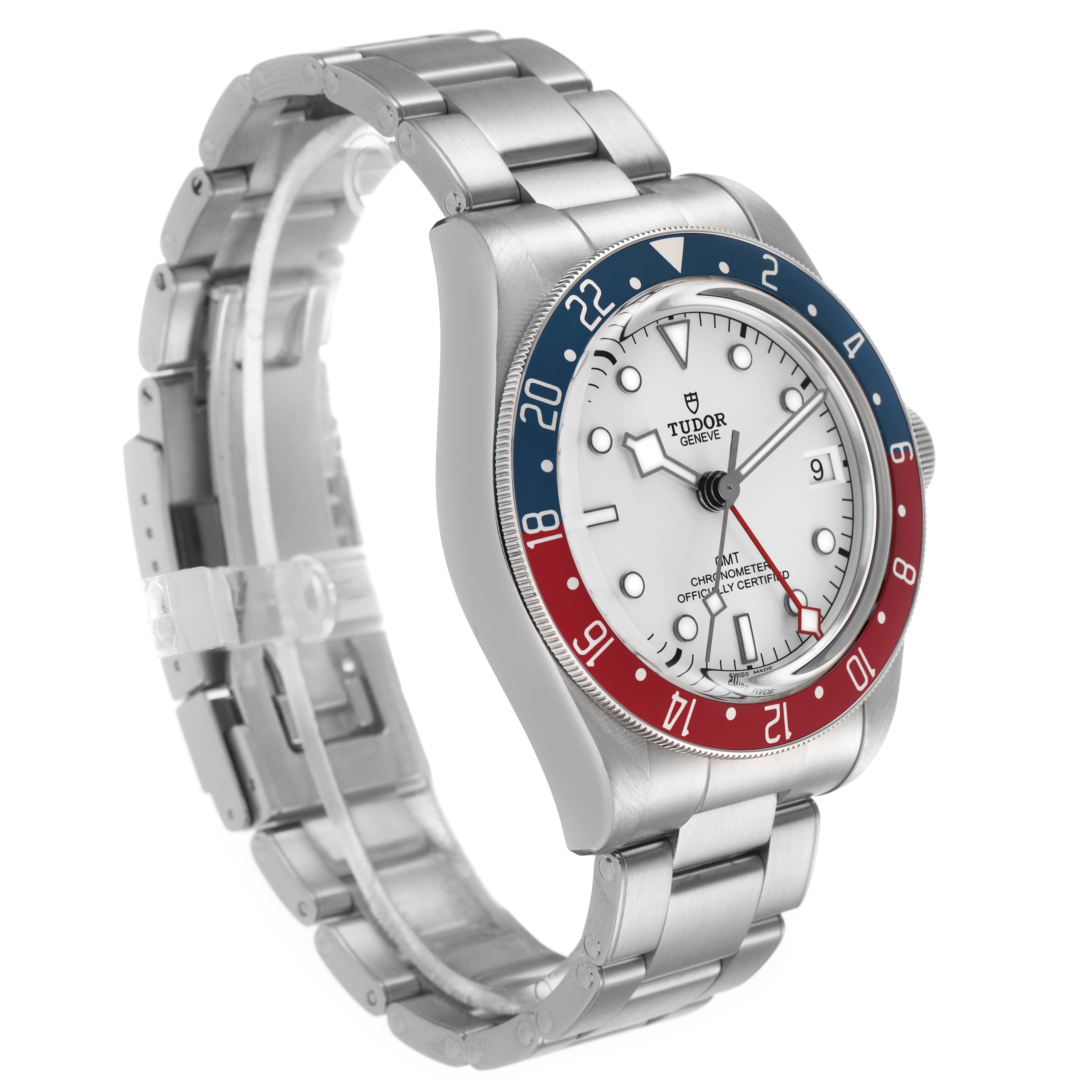 The Tudor Heritage Black Bay 79830RB Men's Stainless Steel Silver Dial watch is shown from a diagonal front angle, highlighting the bezel, dial, and bracelet.