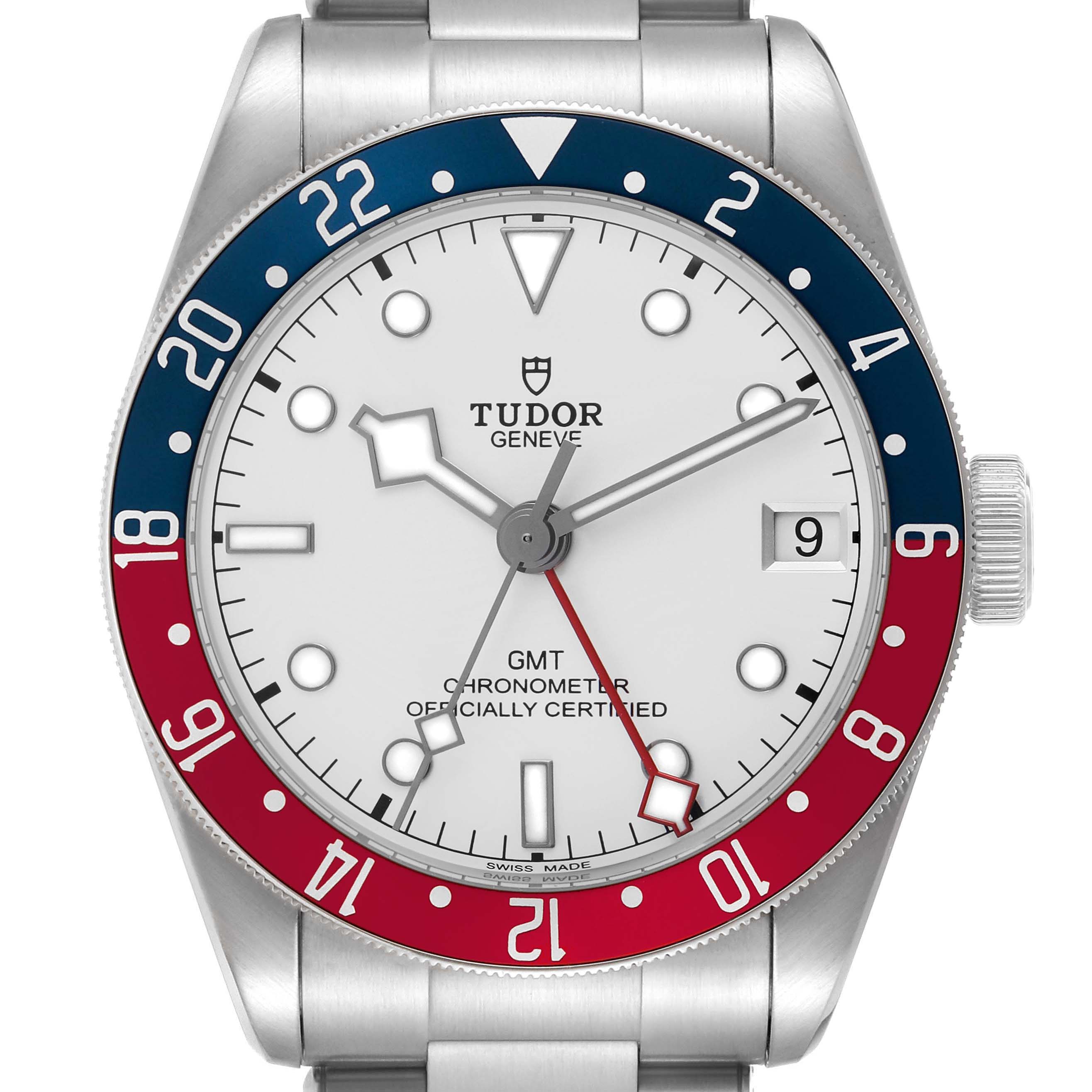 The Tudor Heritage Black Bay 79830RB Men's Stainless Steel Silver Dial watch is shown from a front angle, displaying its face, bezel, and crown.