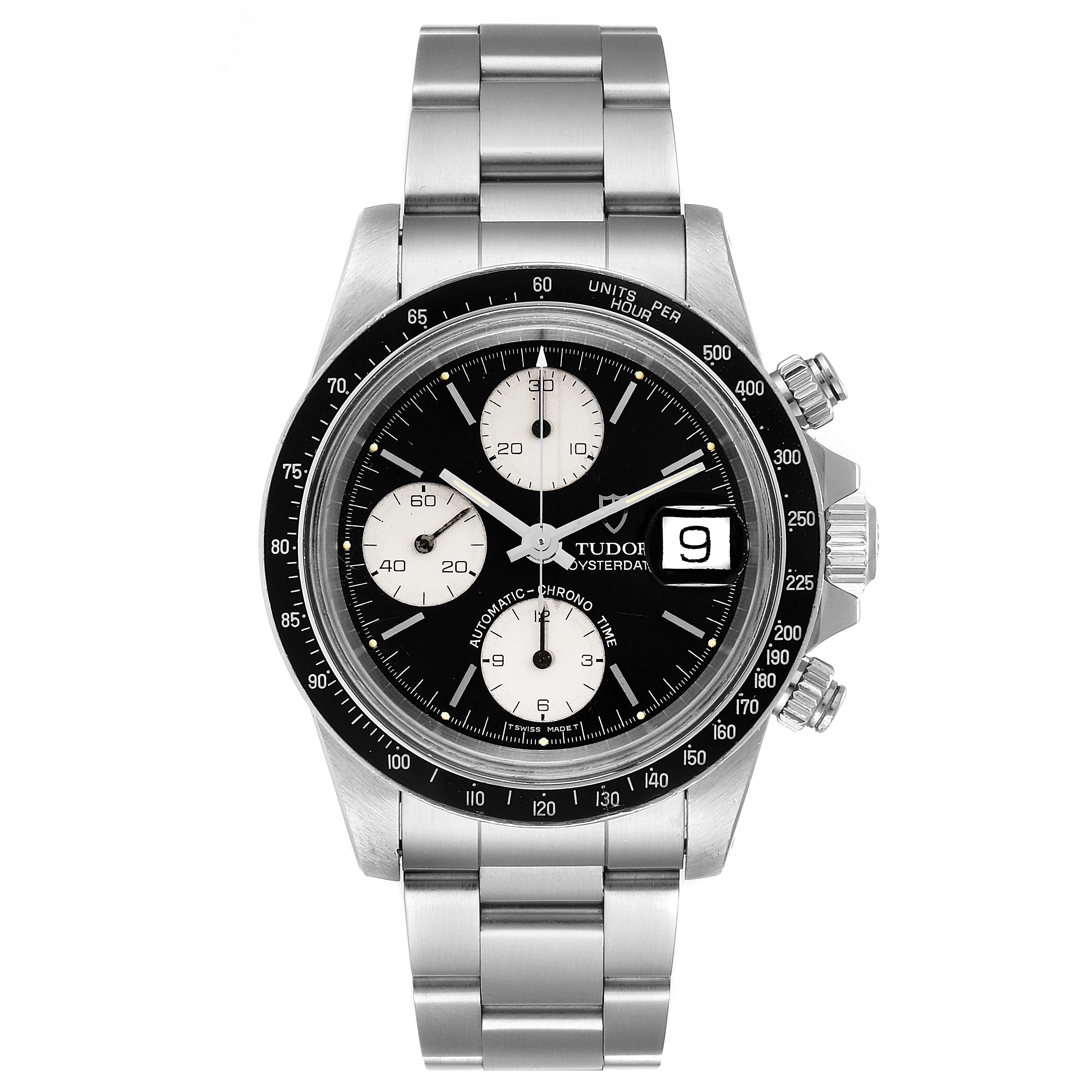 This image shows a front view of the Tudor Big Block 79170 Men
s Stainless Steel Black Dial 79170 Men
s Stainless Steel Black Dial watch featuring its dial, chronograph subdials, date display, and metal bracelet.