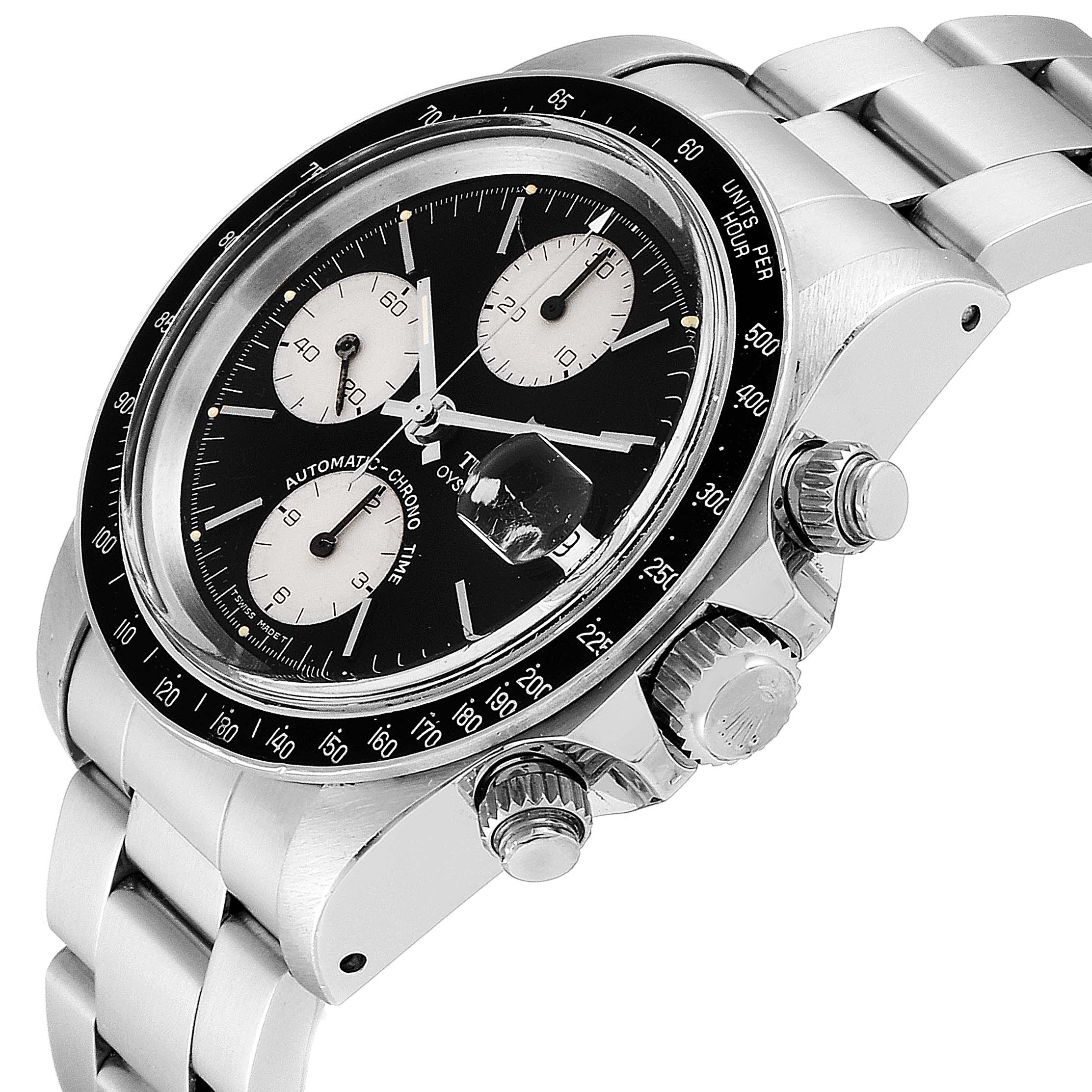 This image shows a Tudor Big Block 79170 Men
s Stainless Steel Black Dial 79170 Men
s Stainless Steel Black Dial watch at an angle highlighting its dial, bezel, crown, and chronograph pushers.