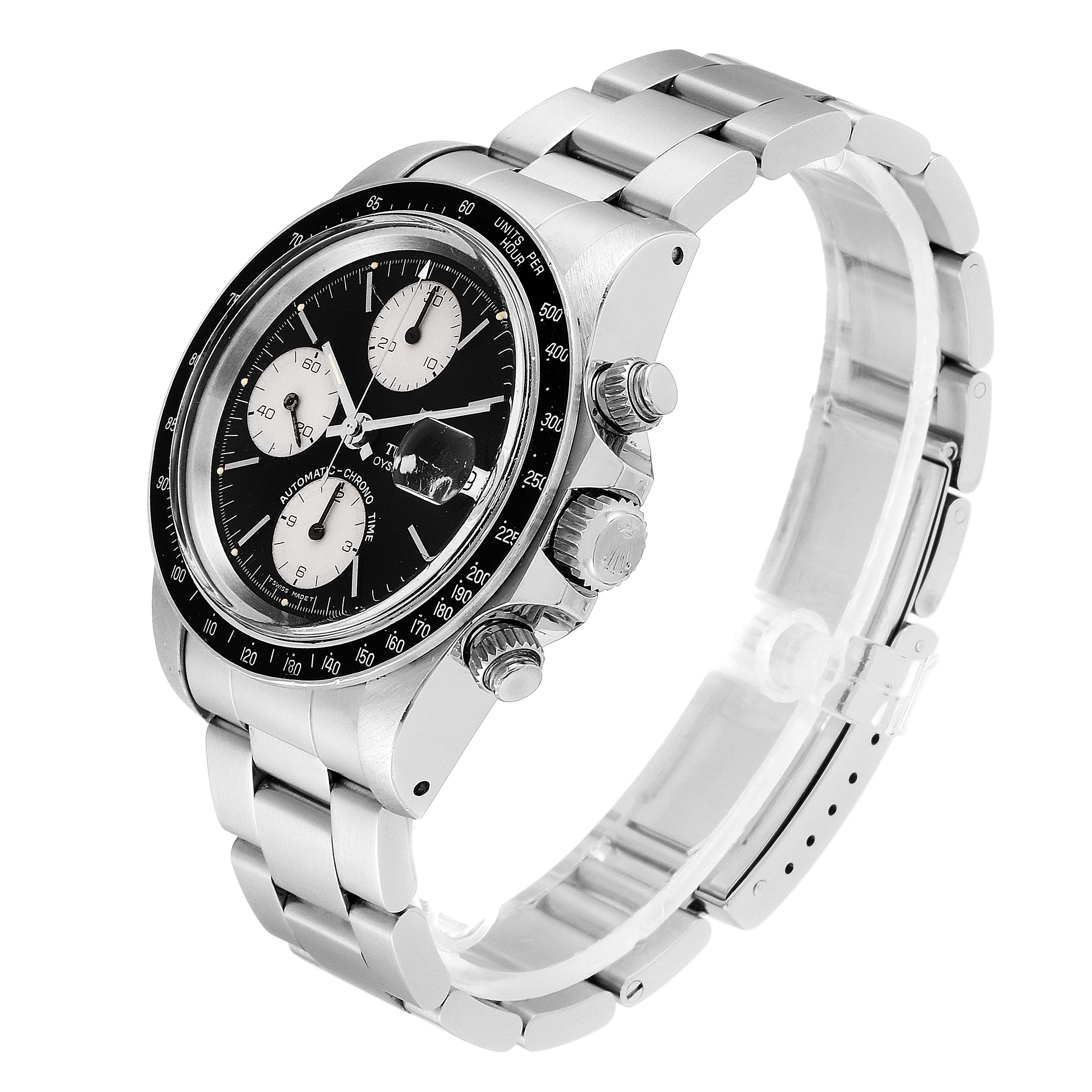 The Tudor Big Block 79170 Men
s Stainless Steel Black Dial 79170 Men
s Stainless Steel Black Dial watch is shown at a slight angle, highlighting its bracelet, bezel, dials, crown, and pushers.