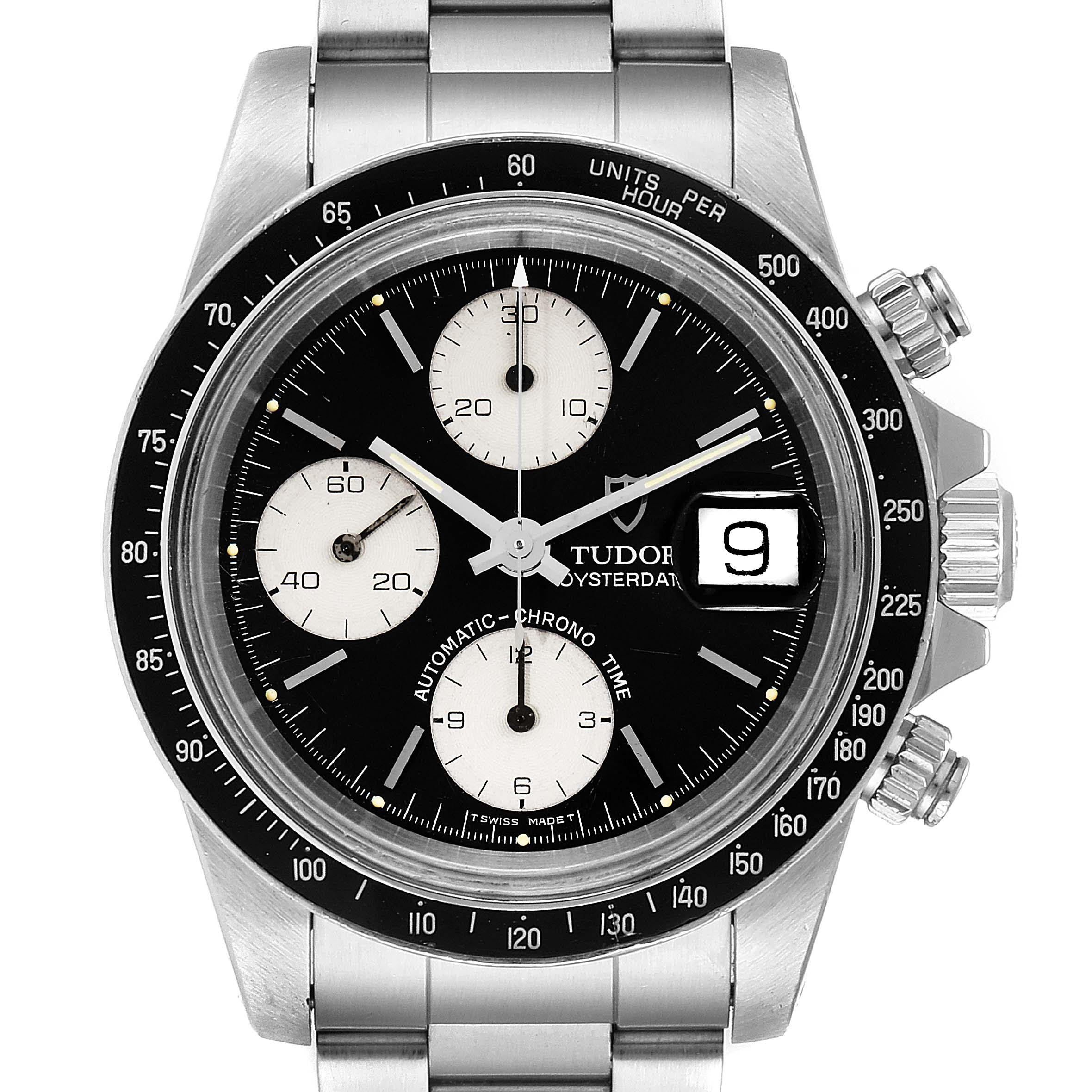The image shows a front view of the Tudor Big Block 79170 Men
s Stainless Steel Black Dial 79170 Men
s Stainless Steel Black Dial watch featuring a black dial, chronograph sub-dials, and a metal bracelet.