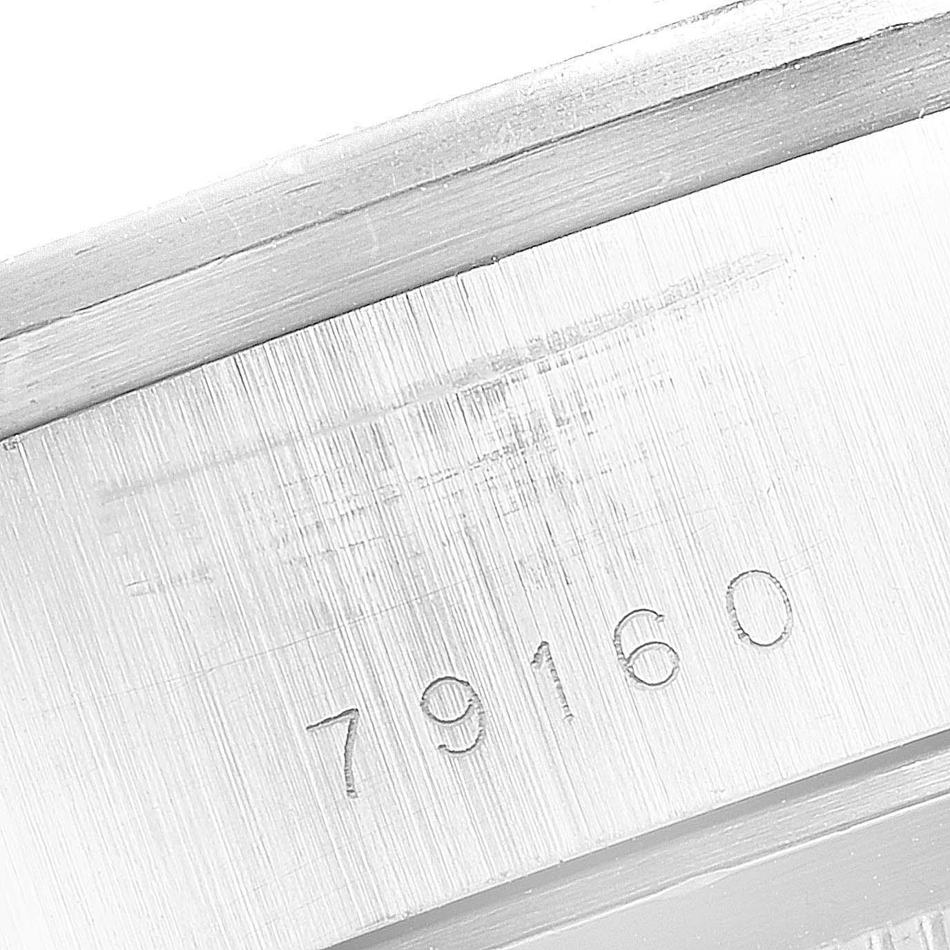 The image shows a close-up angle of the case side of a Tudor Big Block 79170 Men
s Stainless Steel Black Dial 79170 Men
s Stainless Steel Black Dial watch, specifically focusing on the model number "79160" engraved on it.