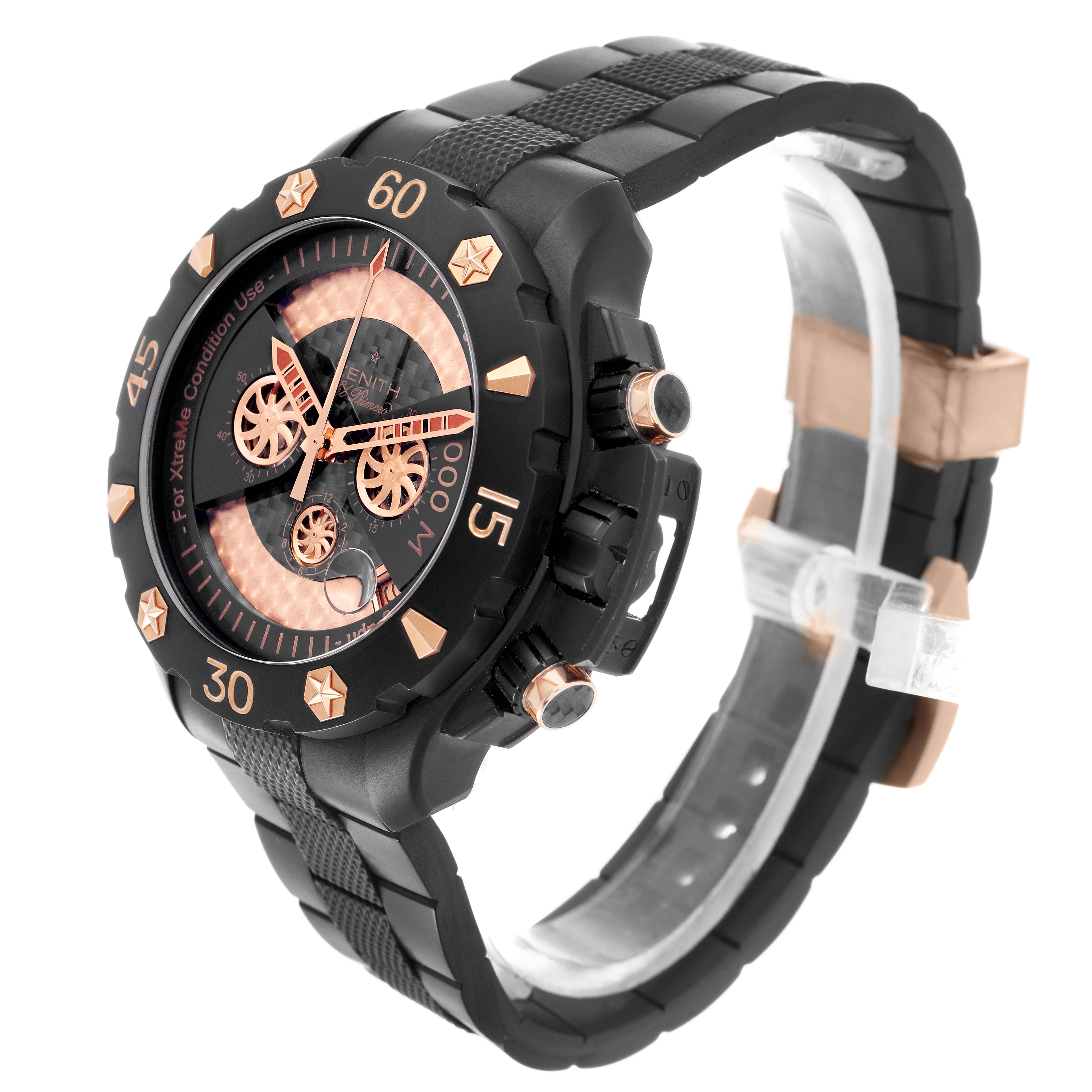 The Zenith Defy 96.0528.4000/21.R642 Men's Titanium Transparent Dial watch is shown at a side angle, highlighting the face, bezel, crown, and strap.