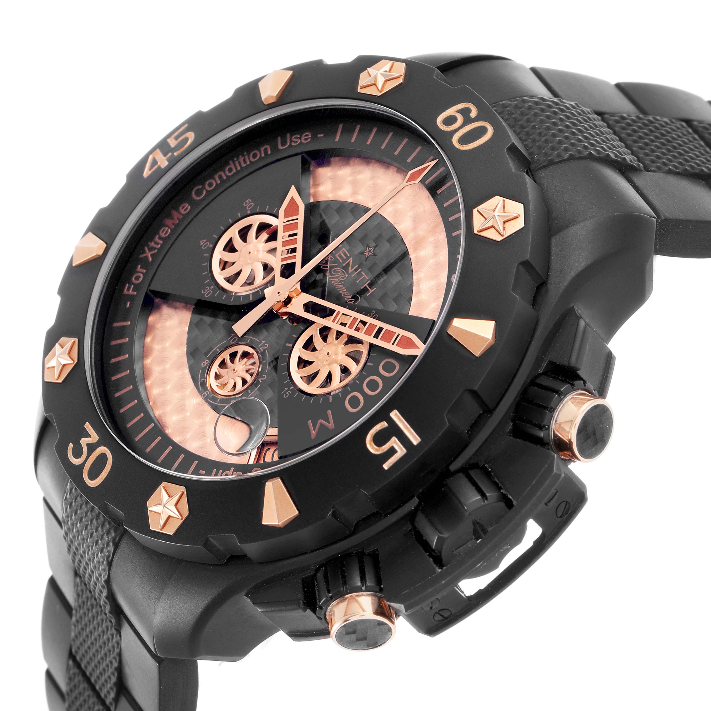 The Zenith Defy 96.0528.4000/21.R642 Men's Titanium Transparent Dial watch is shown at an angle highlighting the face, bezel, crown, and pushers.