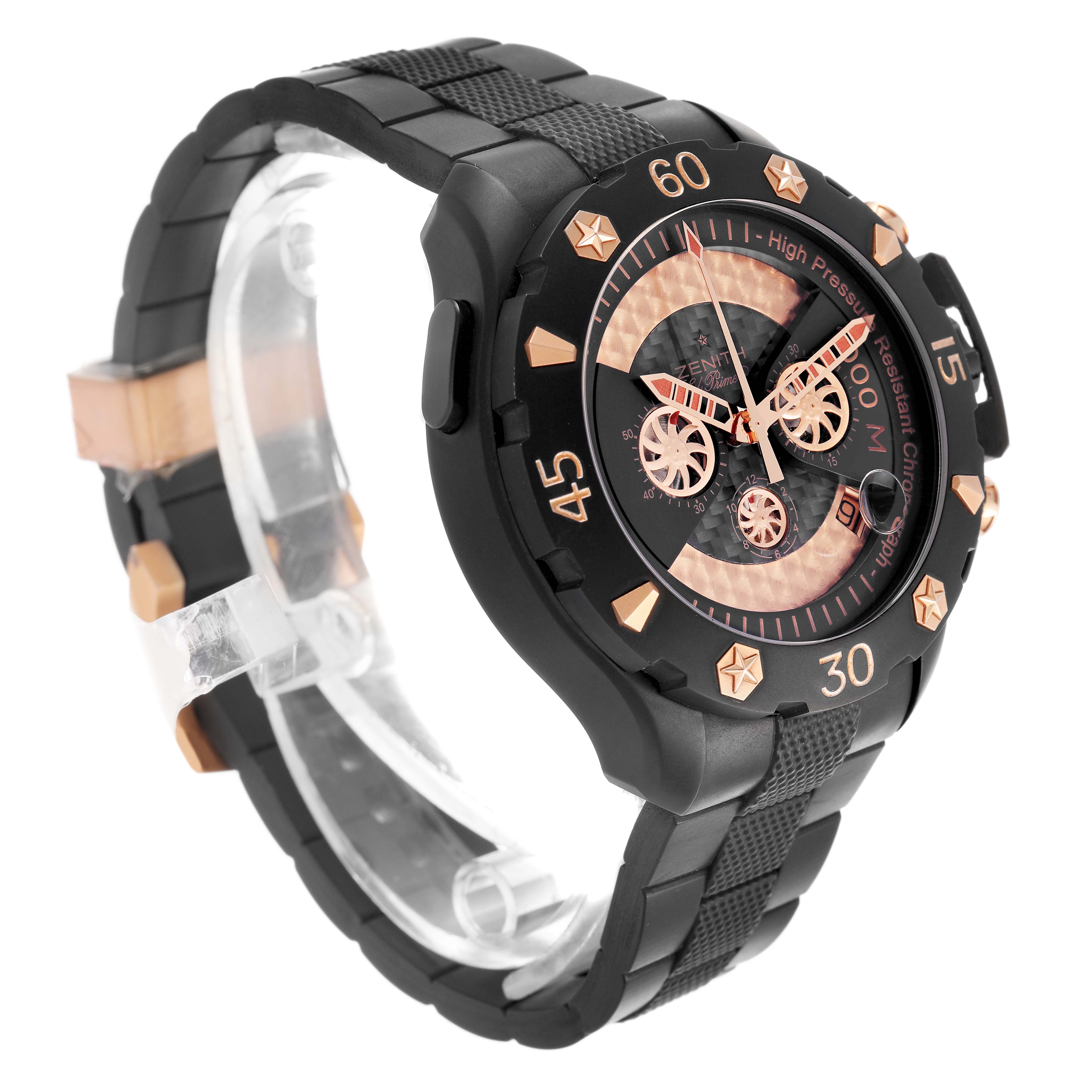 The Zenith Defy 96.0528.4000/21.R642 Men's Titanium Transparent Dial model is shown at an angled side view, highlighting its face, bezel, strap, and pushers.