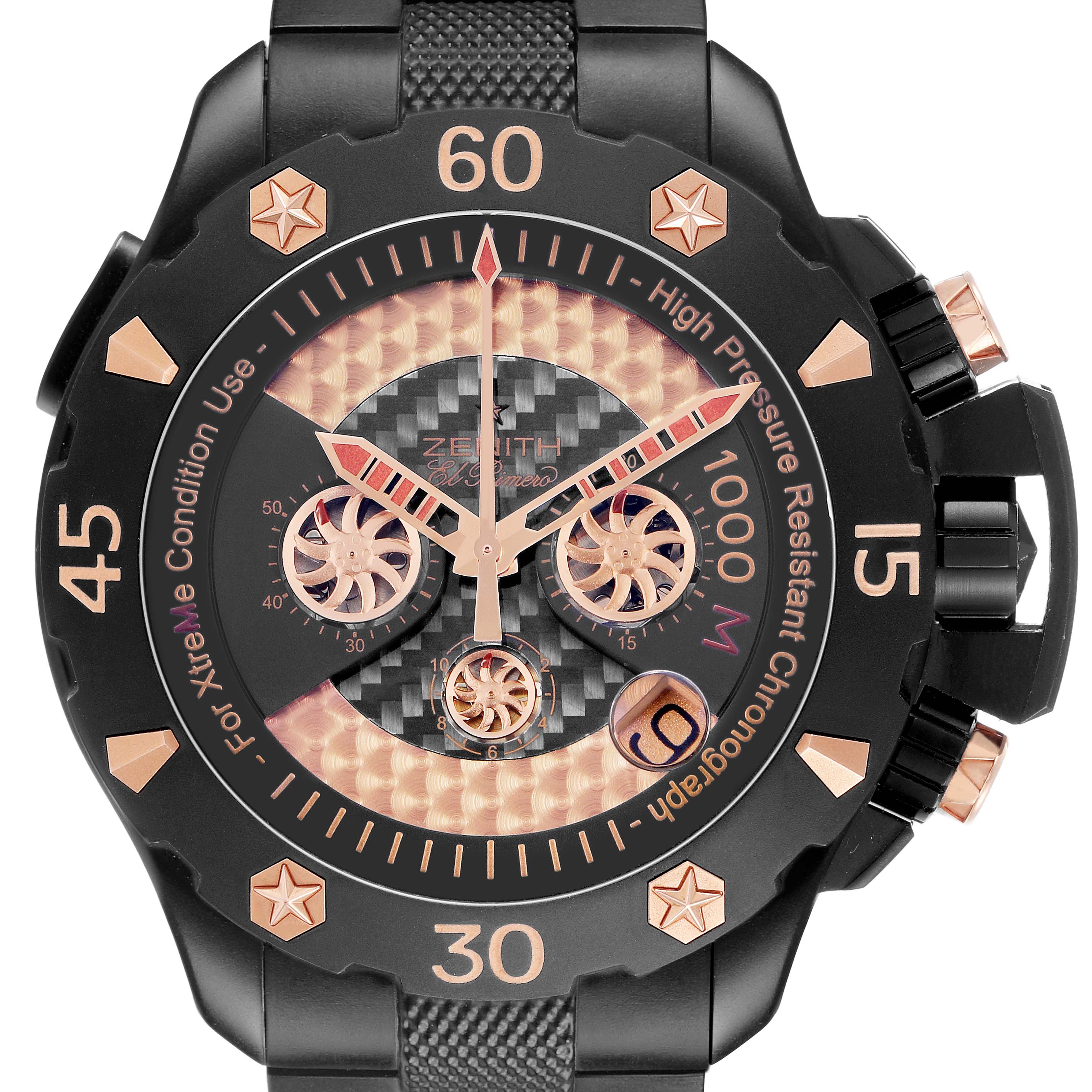The Zenith Defy 96.0528.4000/21.R642 Men's Titanium Transparent Dial watch is shown from a front angle, displaying its bezel, dial, and chronograph subdials.
