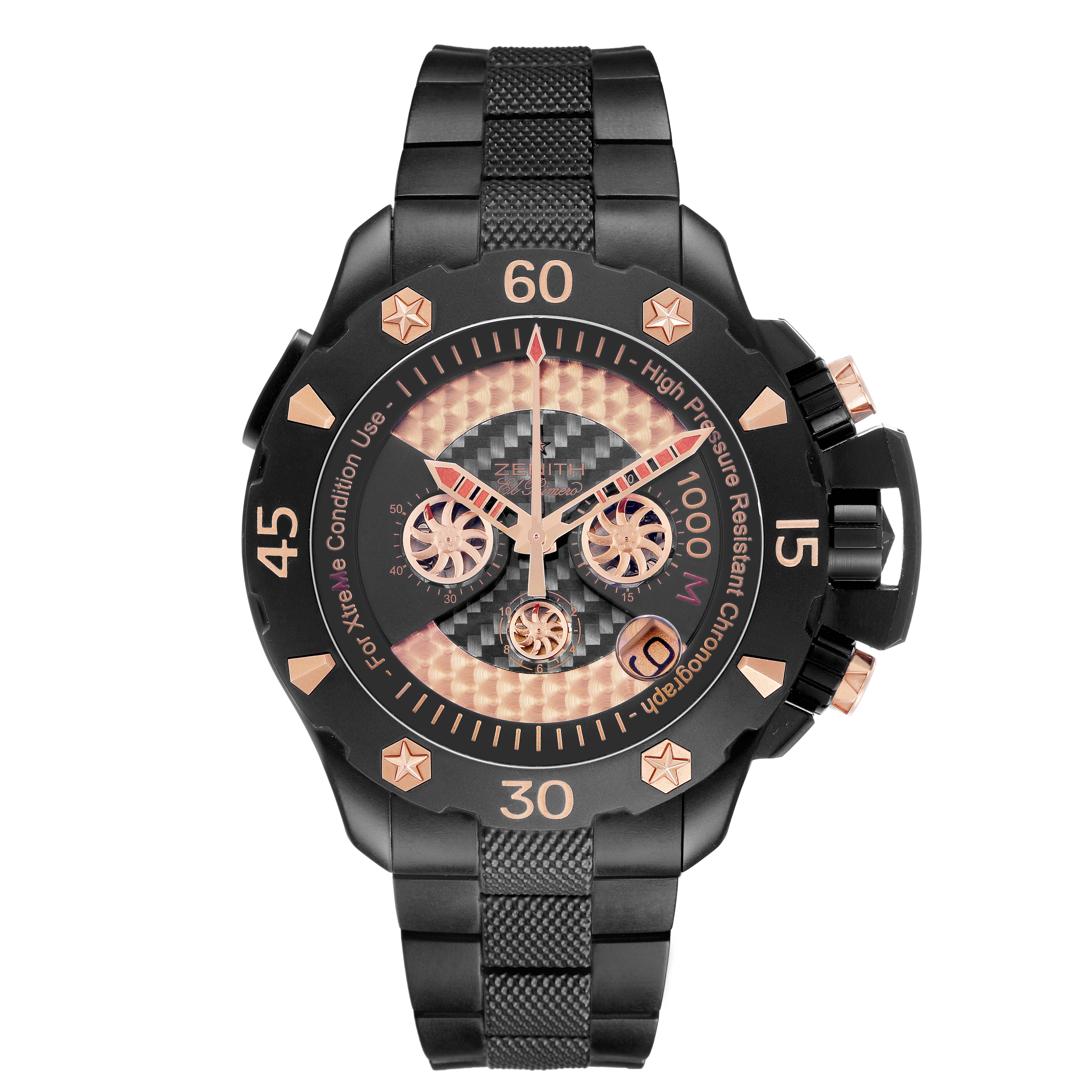 The Zenith Defy 96.0528.4000/21.R642 Men's Titanium Transparent Dial watch is shown front-facing, highlighting the bezel, dial, subdials, and textured strap.