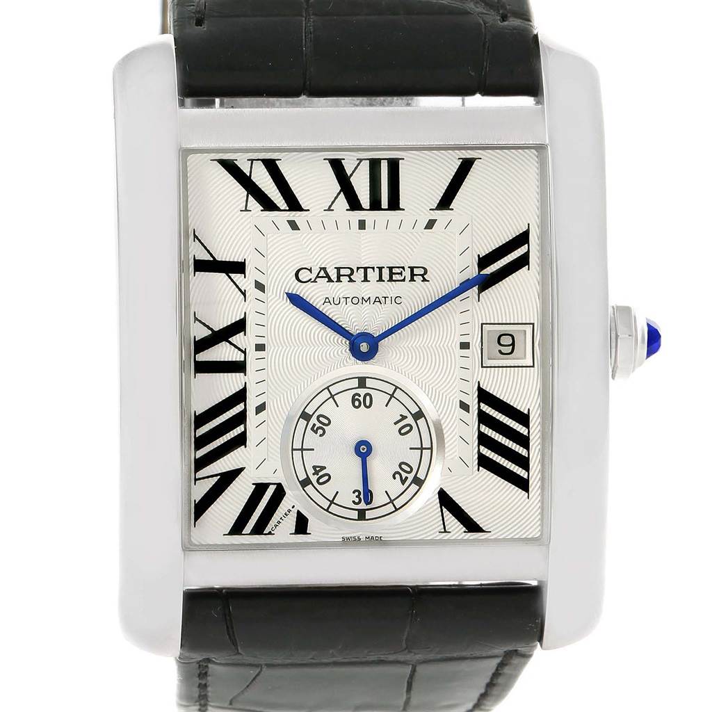 The image shows a front view of the Cartier W5330003 Men
s Stainless Steel Silver Dial W5330003 Men
s Stainless Steel Silver Dial Tank MC Silver Dial Automatic Men
s Watch W5330003, displaying the dial and leather strap.
