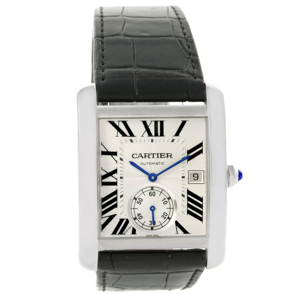 The Cartier W5330003 Men
s Stainless Steel Silver Dial W5330003 Men
s Stainless Steel Silver Dial Tank MC Silver Dial Automatic Men
s Watch W5330003 is shown from the front, displaying its face, Roman numeral markers, date window, and black leather strap.