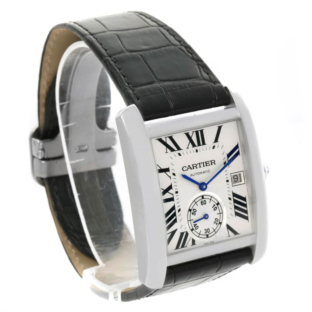 The Cartier W5330003 Men
s Stainless Steel Silver Dial W5330003 Men
s Stainless Steel Silver Dial Tank MC Silver Dial Automatic Men
s Watch W5330003 is shown at an angle highlighting the face, strap, and side profile.
