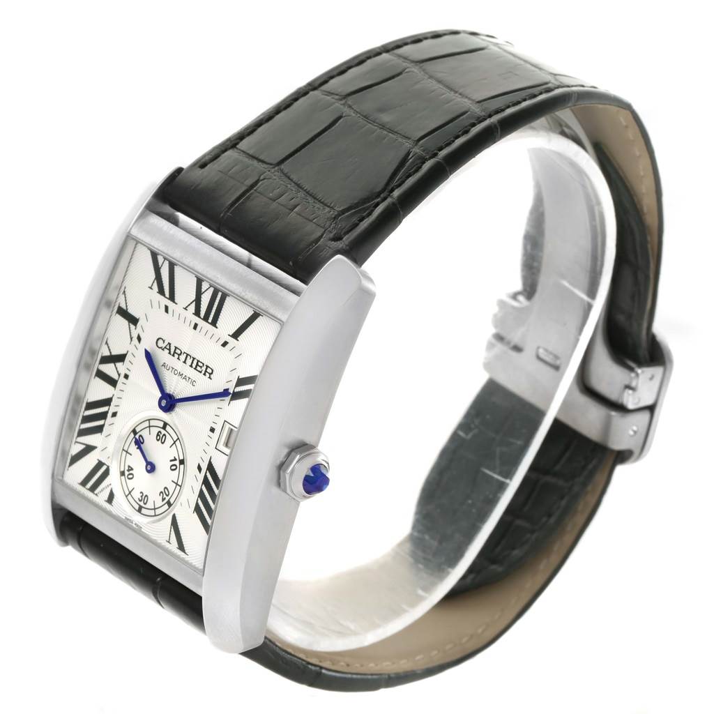 The Cartier W5330003 Men
s Stainless Steel Silver Dial W5330003 Men
s Stainless Steel Silver Dial Tank MC Silver Dial Automatic Mens Watch model W5330003 is shown at an angle highlighting its face, crown, and strap.