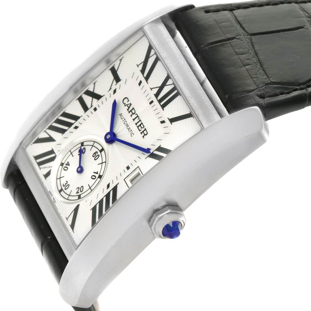 The image shows a side view of the Cartier W5330003 Men
s Stainless Steel Silver Dial W5330003 Men
s Stainless Steel Silver Dial Tank MC Silver Dial Automatic Men
s Watch W5330003, highlighting the case, dial, and crown.