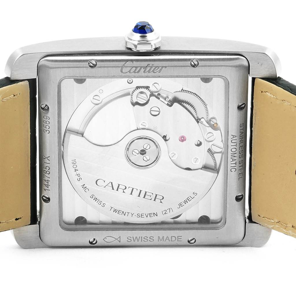 The image shows the back view of the Cartier W5330003 Men
s Stainless Steel Silver Dial W5330003 Men
s Stainless Steel Silver Dial Tank MC Silver Dial Automatic Men
s Watch W5330003, highlighting its internal mechanism.