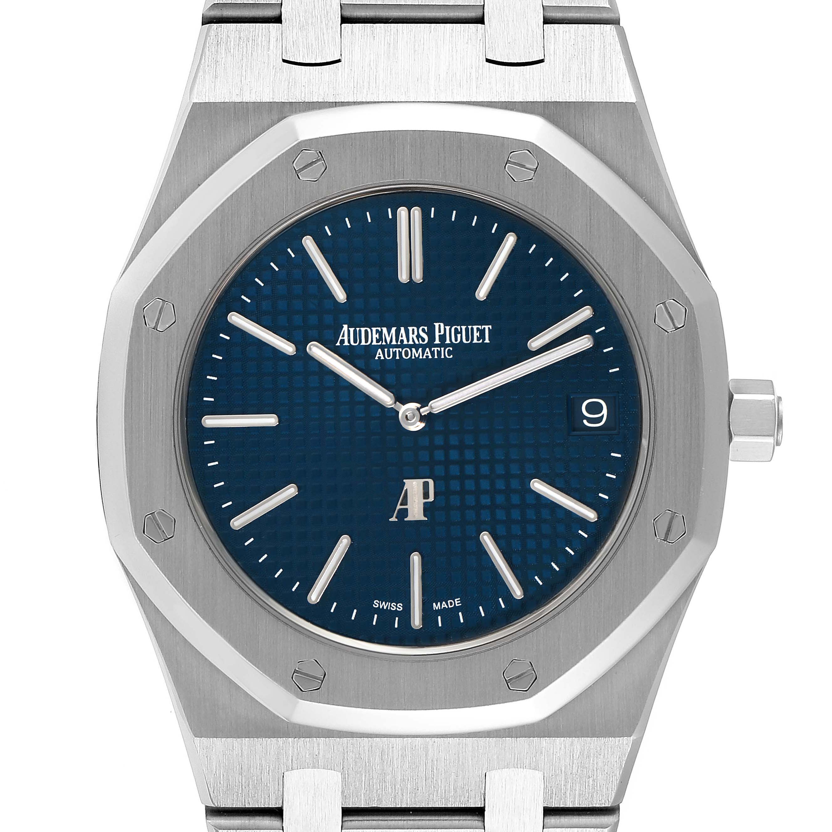 This image shows a front view of the Audemars Piguet Royal Oak 15202ST.OO.1240ST.01 Men's Stainless Steel Blue Dial 15202ST.OO.1240ST.01 Men's Stainless Steel Blue Dial watch, highlighting the blue dial, octagonal bezel, and part of the bracelet.