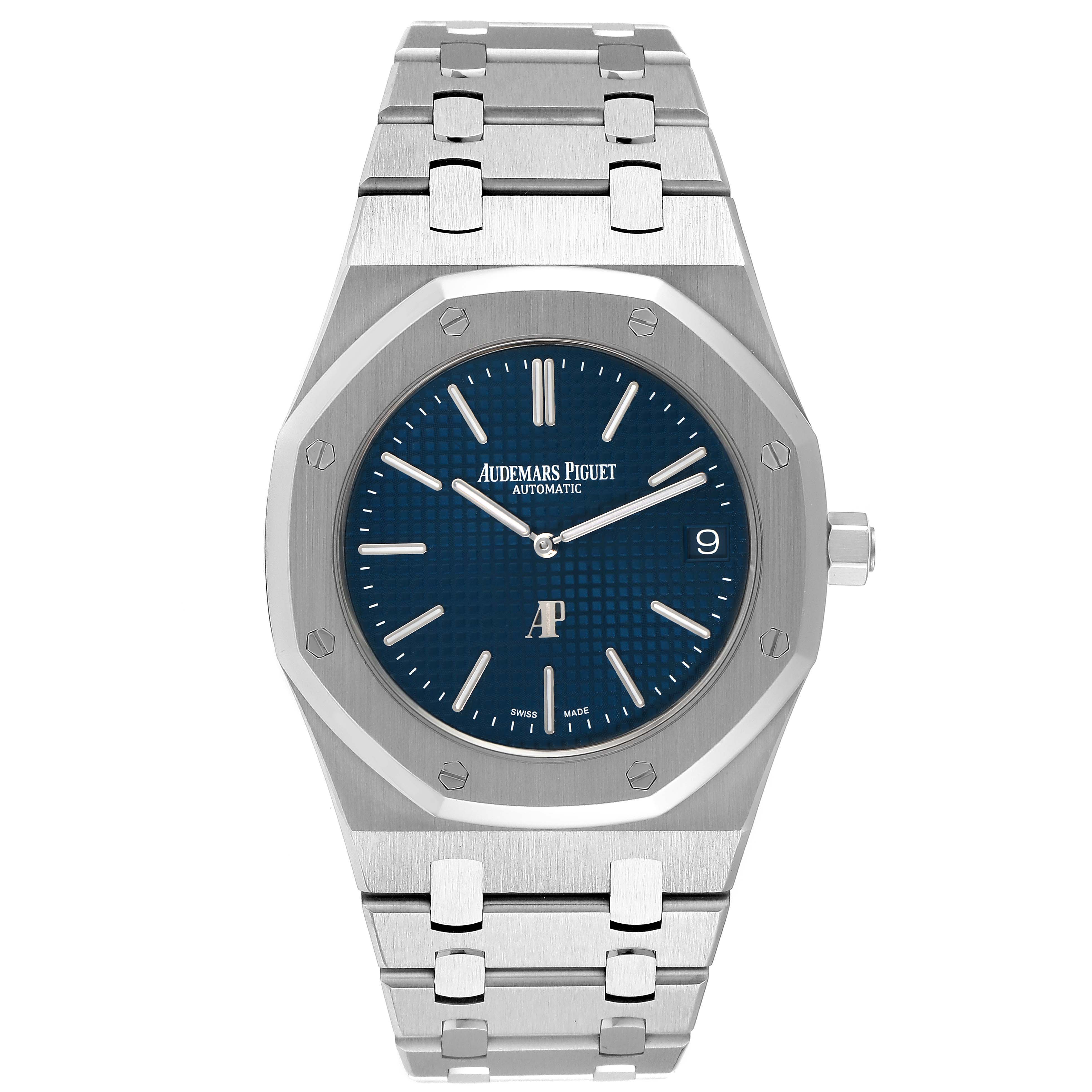The image shows a straight-on view of the Audemars Piguet Royal Oak 15202ST.OO.1240ST.01 Men's Stainless Steel Blue Dial 15202ST.OO.1240ST.01 Men's Stainless Steel Blue Dial watch, featuring its blue dial, stainless steel case, and integrated bracelet.