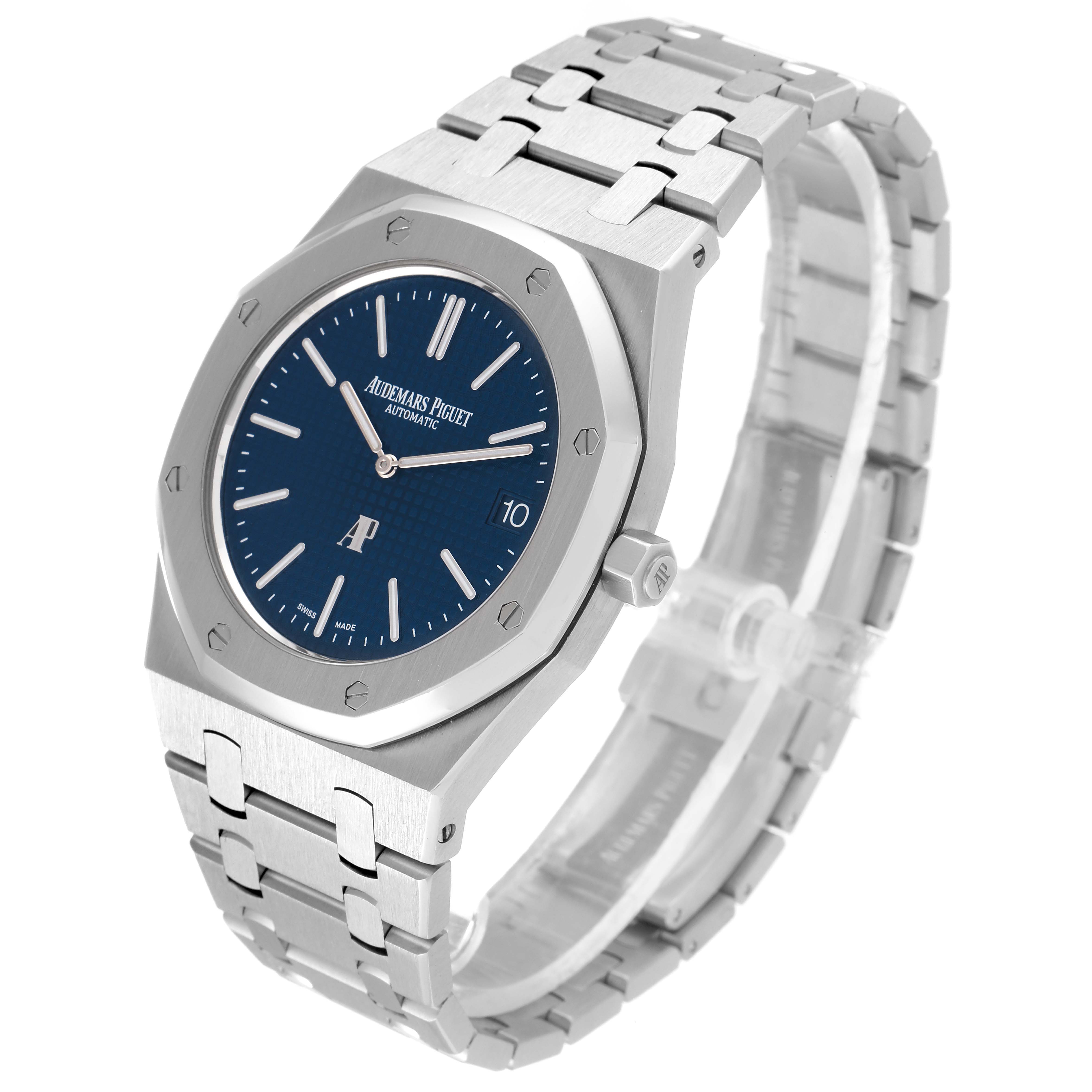 The Audemars Piguet Royal Oak 15202ST.OO.1240ST.01 Men's Stainless Steel Blue Dial 15202ST.OO.1240ST.01 Men's Stainless Steel Blue Dial watch is shown from a three-quarter angle, highlighting the face, bezel, and stainless steel bracelet.
