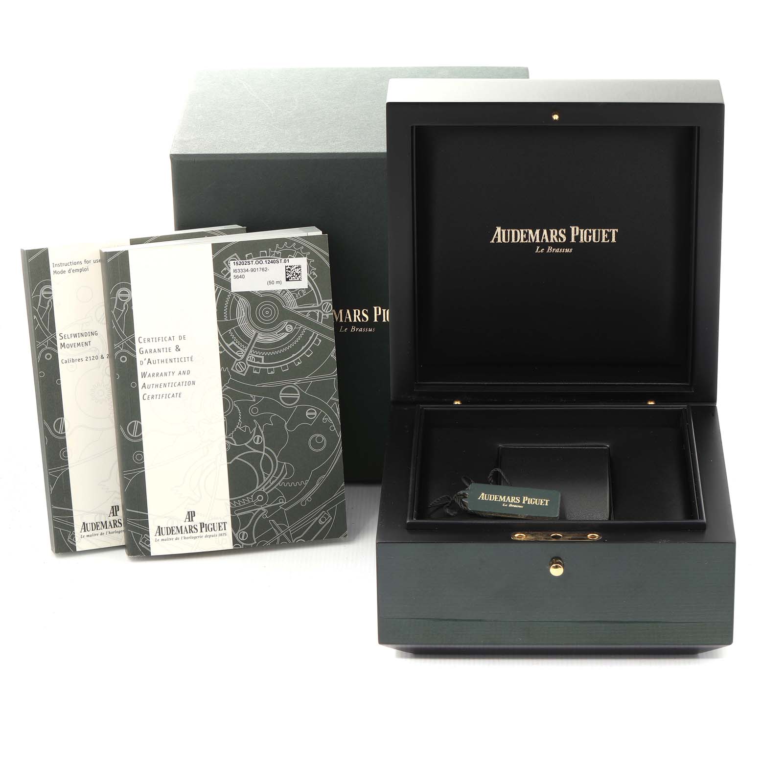 The image shows the packaging, open box, and documents for the Audemars Piguet Royal Oak 15202ST.OO.1240ST.01 Men's Stainless Steel Blue Dial 15202ST.OO.1240ST.01 Men's Stainless Steel Blue Dial model.