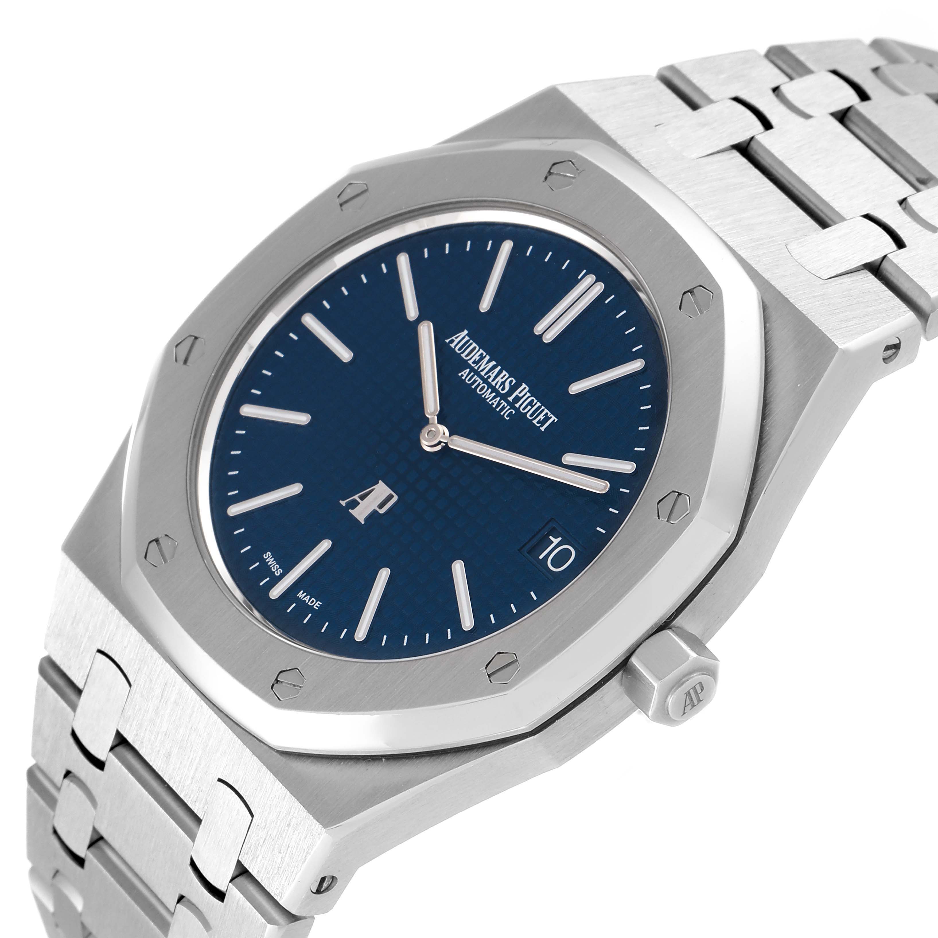 The image shows a left side angle of the Audemars Piguet Royal Oak 15202ST.OO.1240ST.01 Men's Stainless Steel Blue Dial 15202ST.OO.1240ST.01 Men's Stainless Steel Blue Dial watch, highlighting the bezel, crown, dial, and part of the bracelet.