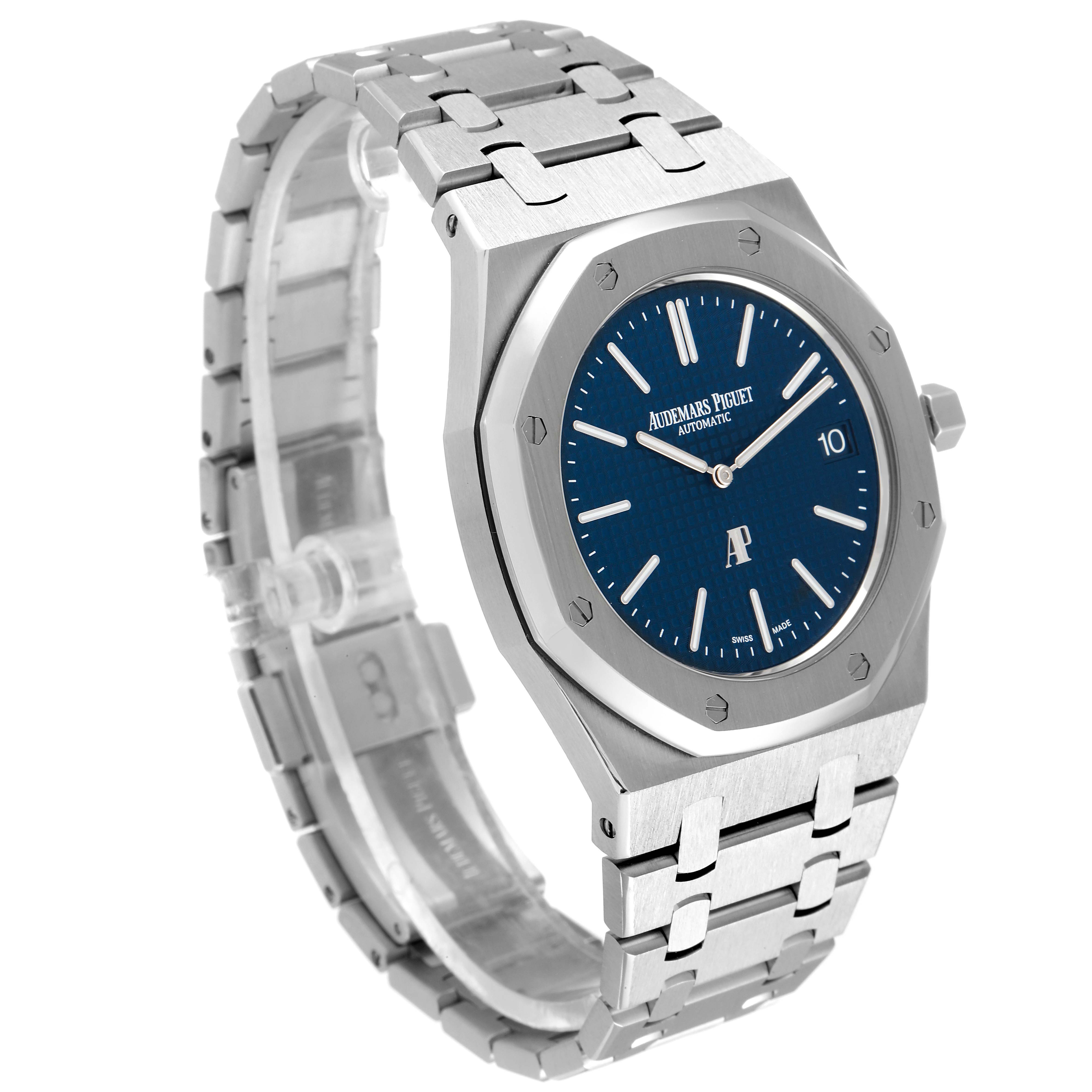 This image shows a side-angle view of the Audemars Piguet Royal Oak 15202ST.OO.1240ST.01 Men's Stainless Steel Blue Dial 15202ST.OO.1240ST.01 Men's Stainless Steel Blue Dial watch, highlighting its face, bezel, and bracelet.