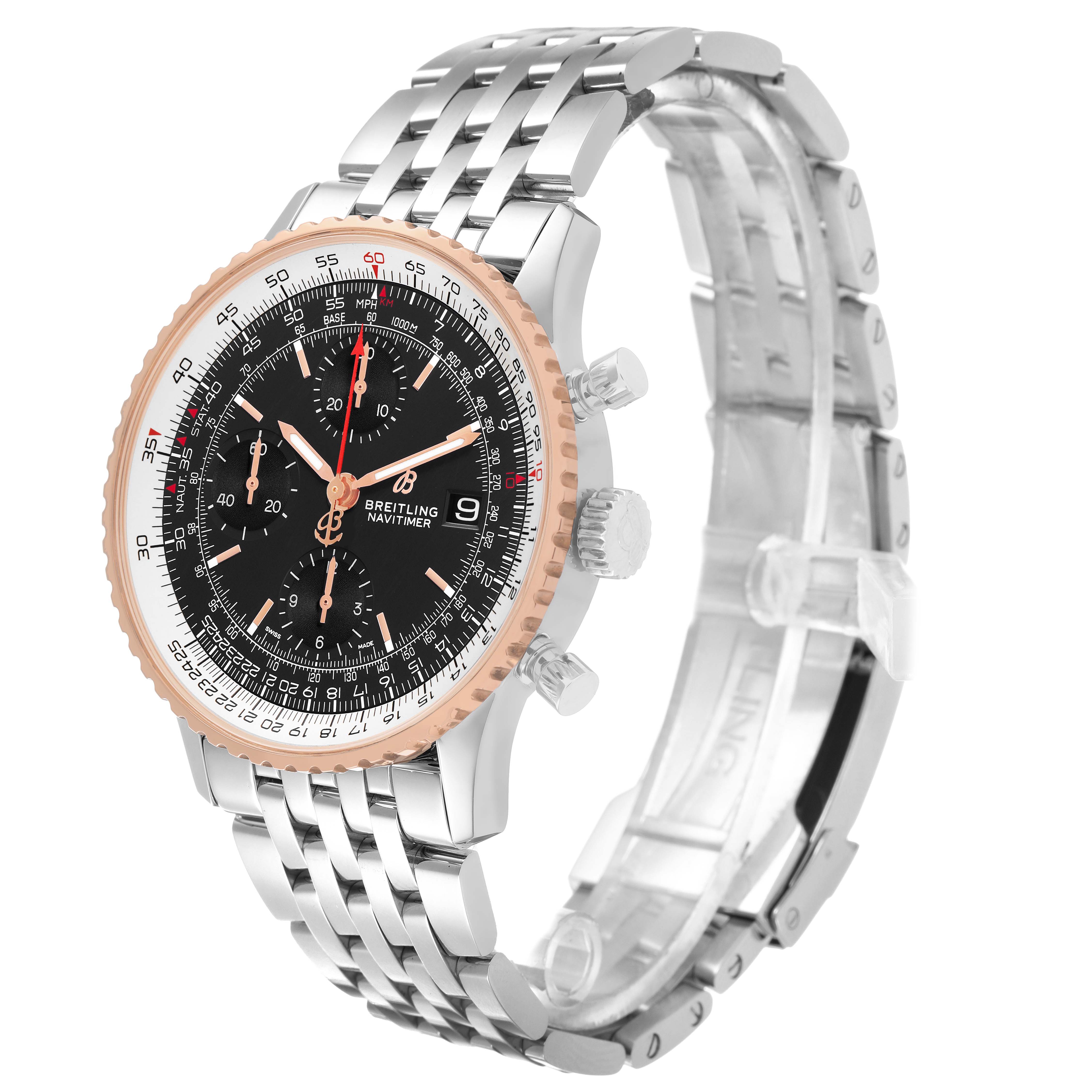 The Breitling Navitimer U13324211B1X1 Men's Steel and Gold (two tone) Black Dial watch is shown at a three-quarter angle, displaying the dial, bezel, crown, pushers, and metal bracelet.