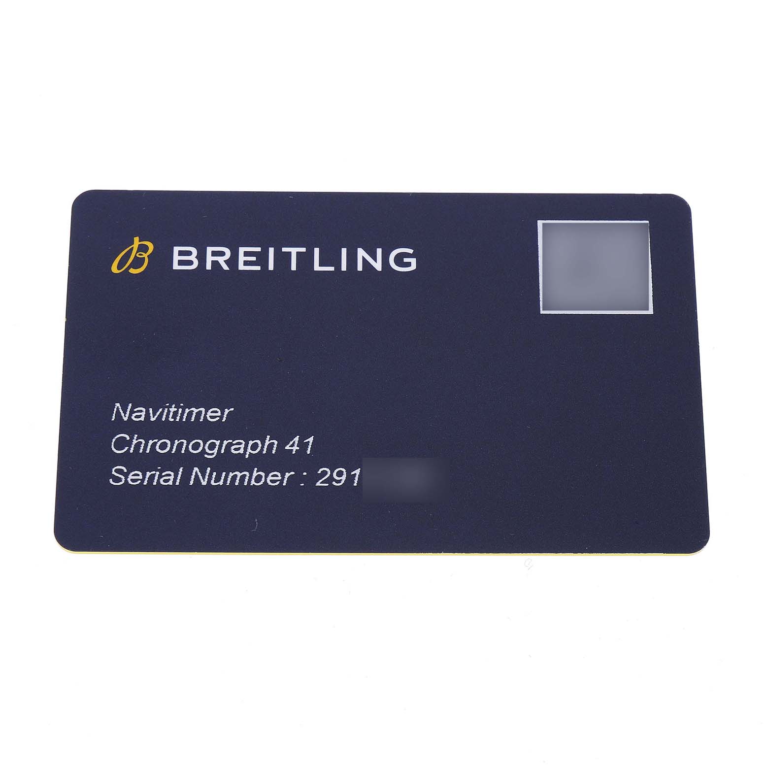 The image shows a Breitling Navitimer U13324211B1X1 Men's Steel and Gold (two tone) Black Dial Chronograph 41 warranty card, viewed from the front.