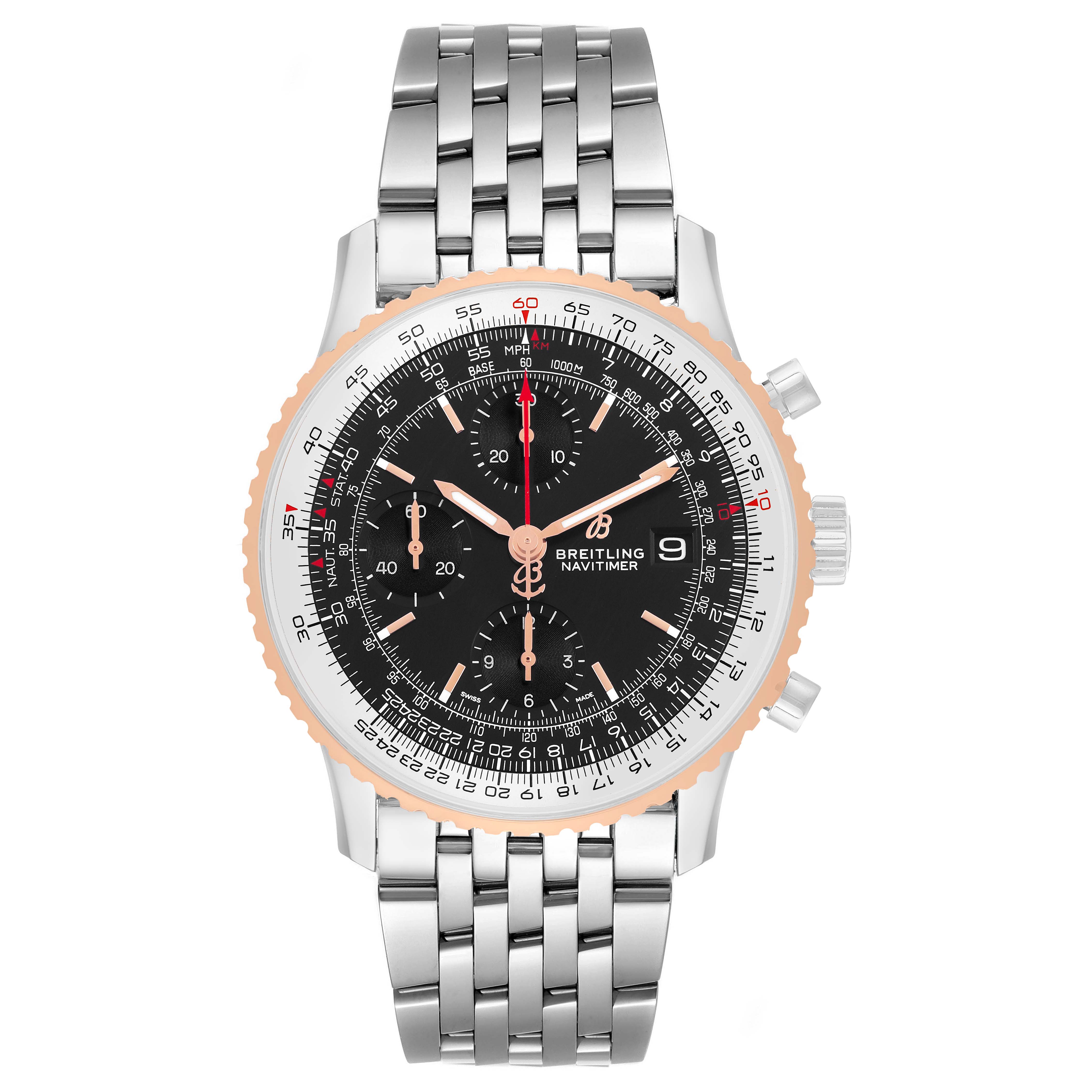 The Breitling Navitimer U13324211B1X1 Men's Steel and Gold (two tone) Black Dial watch is shown from a top-down angle, highlighting its face, dial, bezel, and metal bracelet.