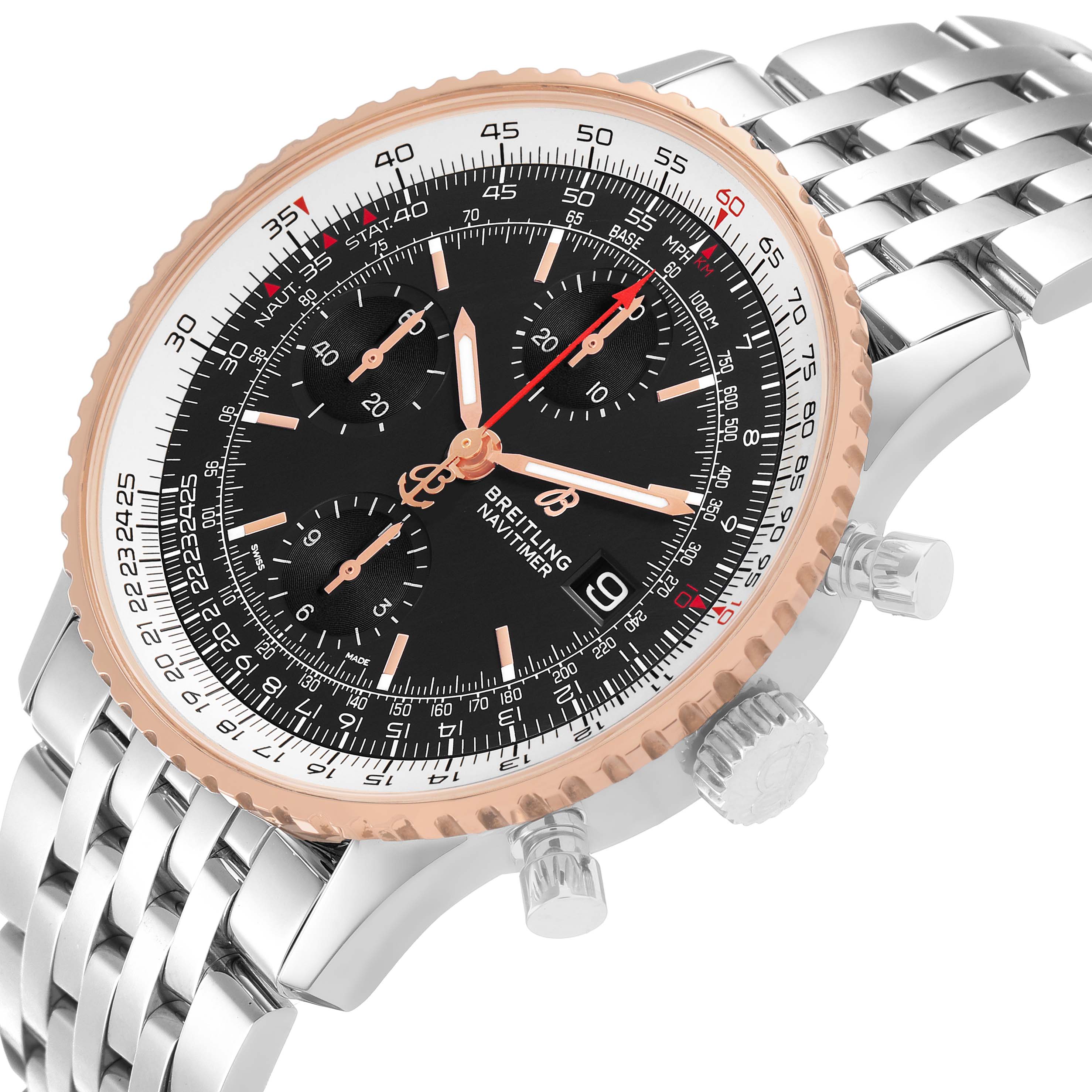 The Breitling Navitimer U13324211B1X1 Men's Steel and Gold (two tone) Black Dial watch is shown at a three-quarter angle, displaying the dial, bezel, pushers, and part of the bracelet.