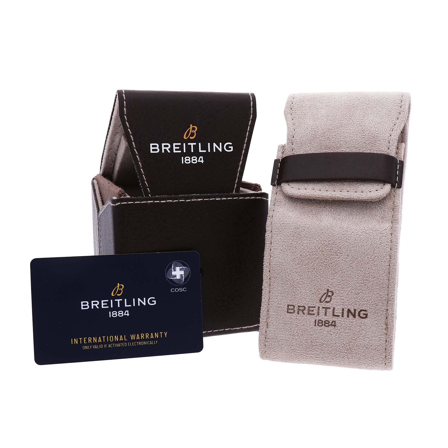 The image shows a Breitling Navitimer U13324211B1X1 Men's Steel and Gold (two tone) Black Dial watch box, pouch, and an international warranty card.