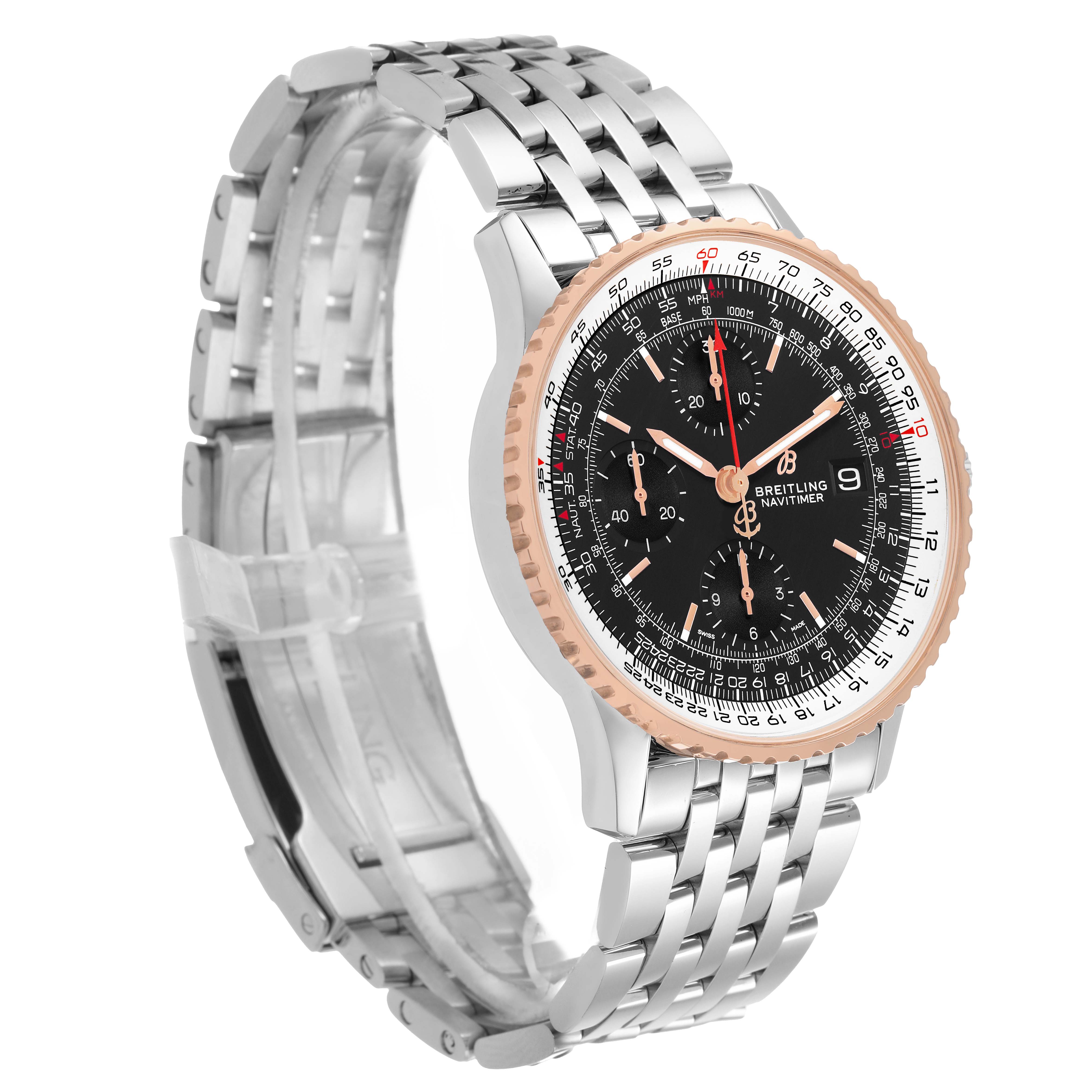 The Breitling Navitimer U13324211B1X1 Men's Steel and Gold (two tone) Black Dial watch is shown at an angle highlighting the dial, bezel, and metal bracelet clasp.