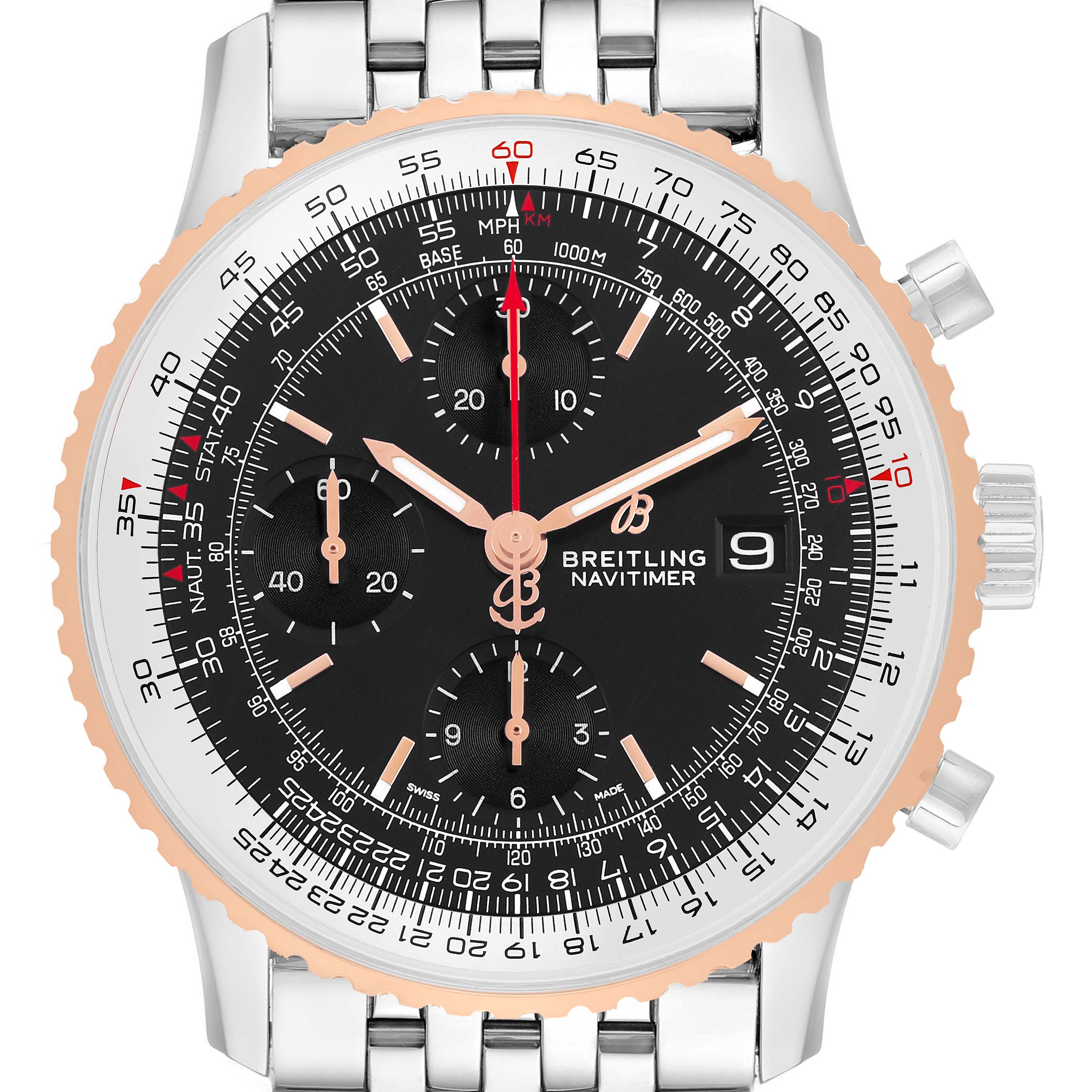 The Breitling Navitimer U13324211B1X1 Men's Steel and Gold (two tone) Black Dial is shown from the front, displaying its dial, bezel, chronograph subdials, and stainless steel bracelet.
