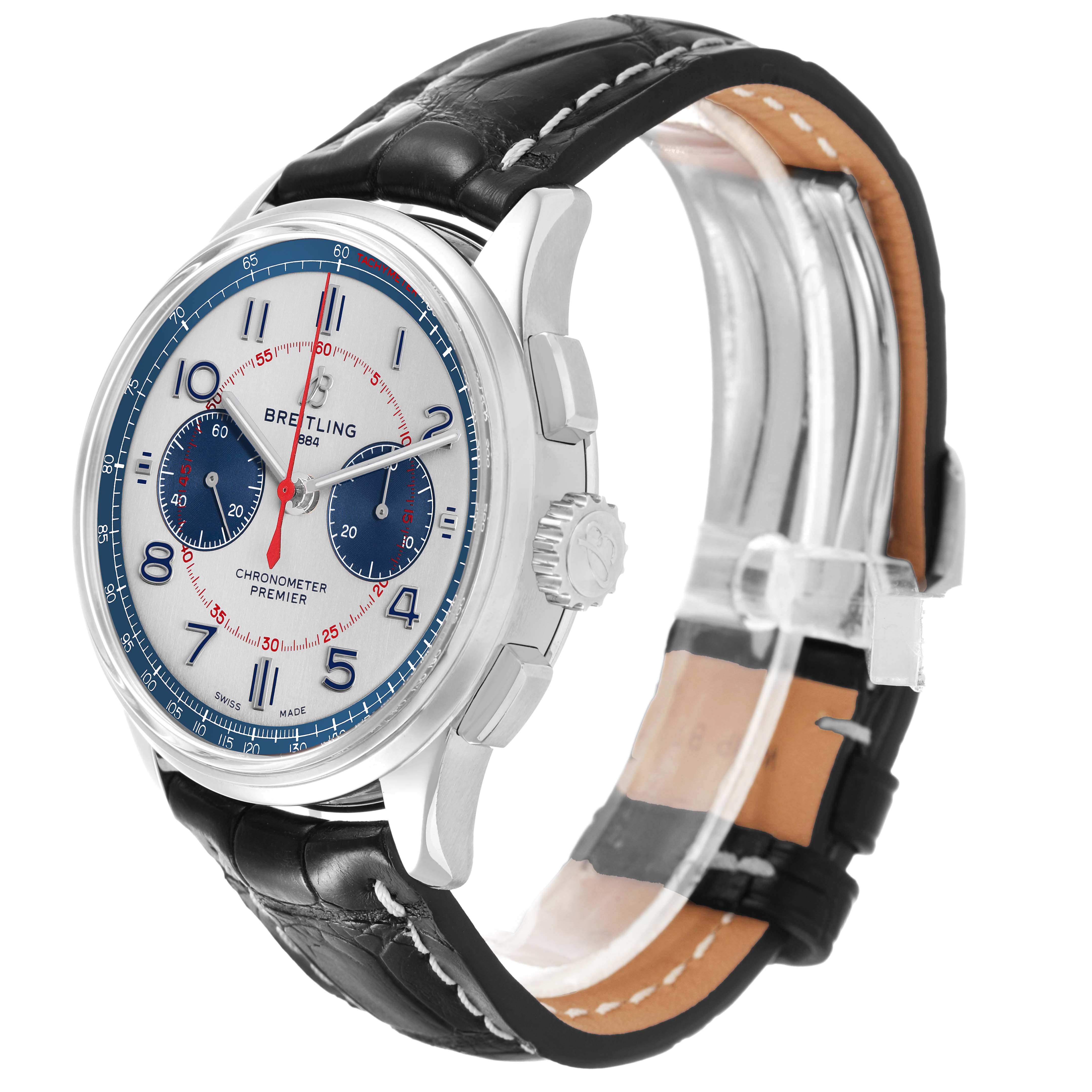 The Breitling Premier AB0118 Men's Stainless Steel Silver Dial watch is shown at a three-quarter angle, highlighting the dial, bezel, crown, and leather strap.