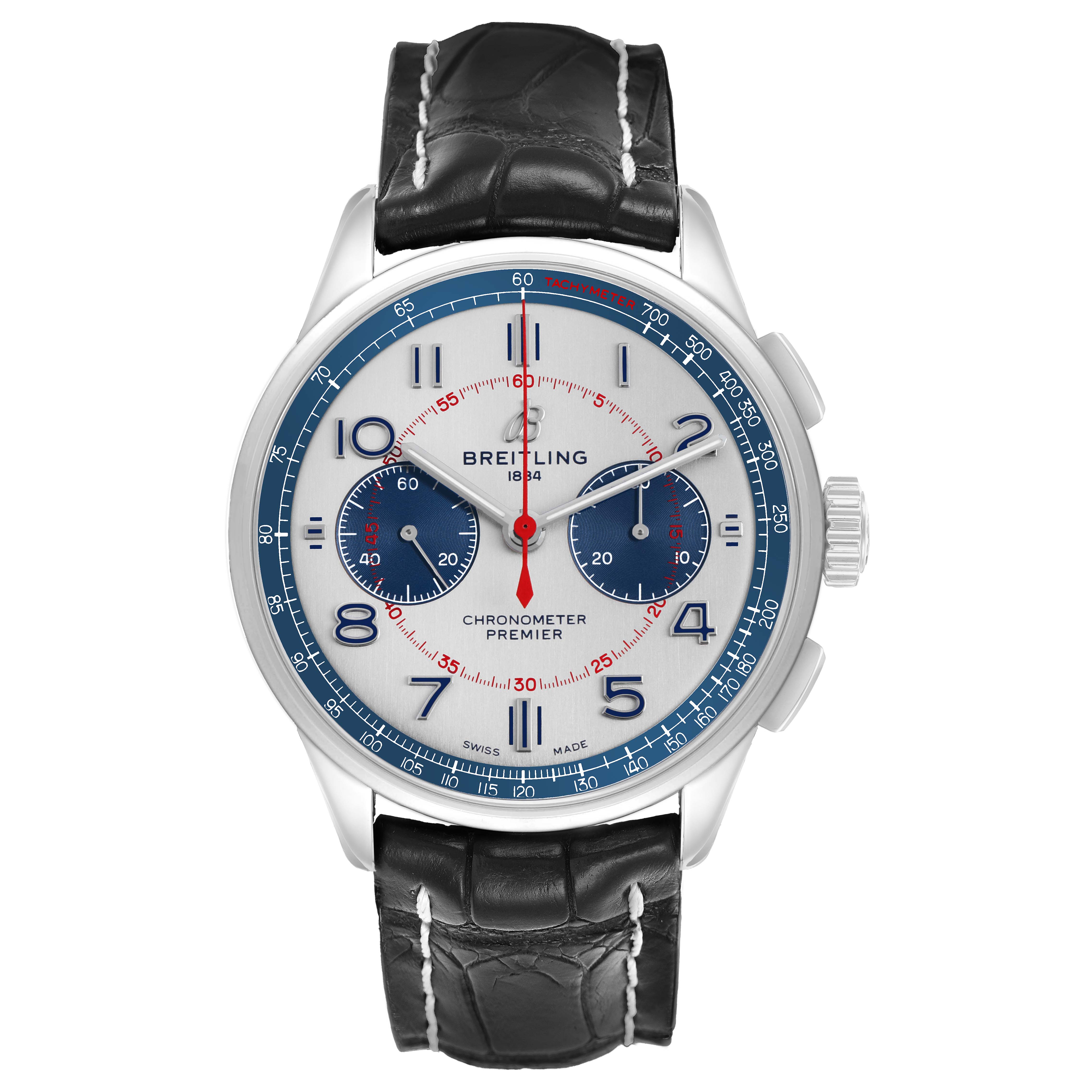 The Breitling Premier AB0118 Men's Stainless Steel Silver Dial watch is shown from the front, displaying its face, strap, and lugs.